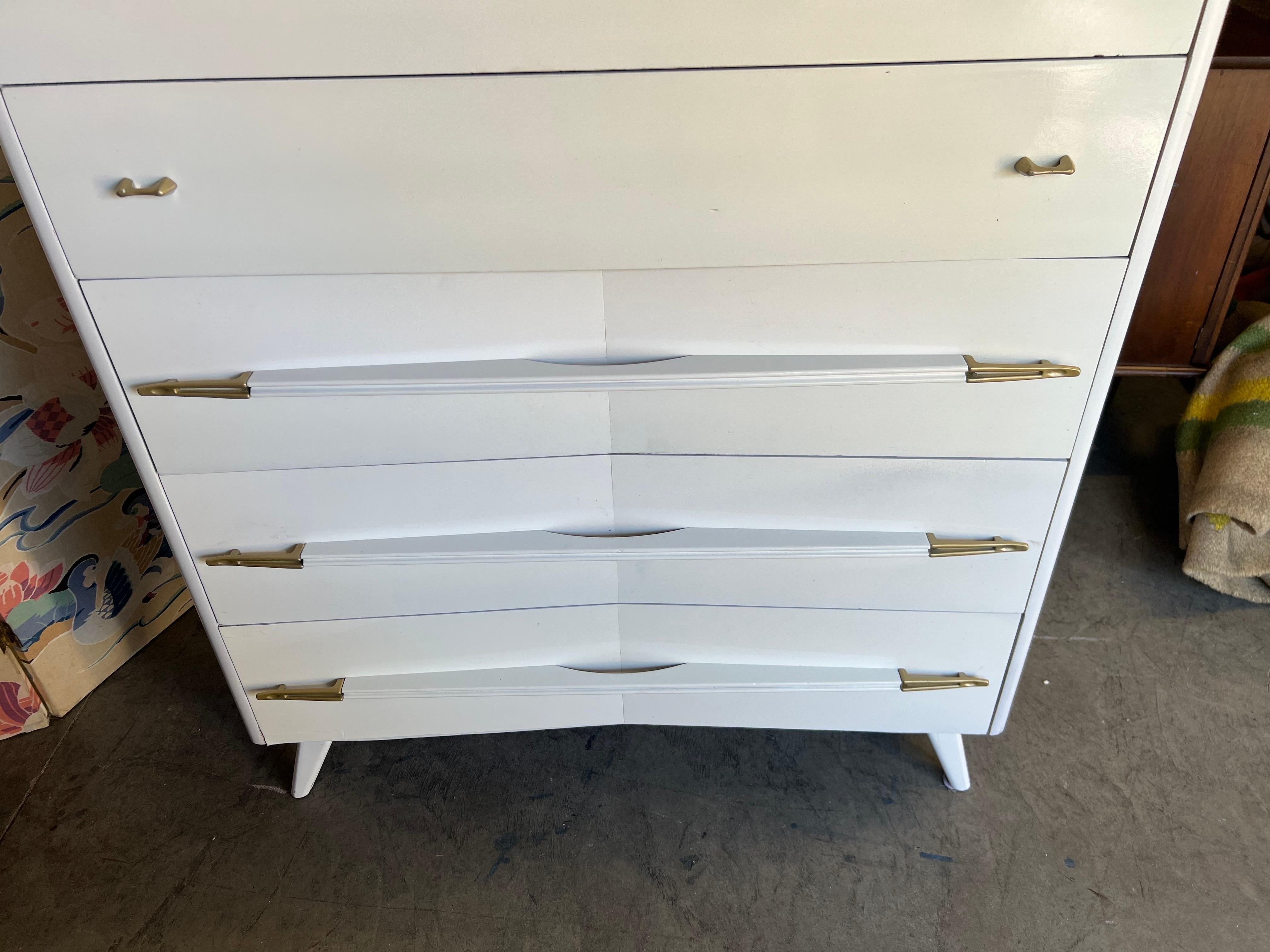 Vintage Atomic White Lacquered With Brass Highboy 1