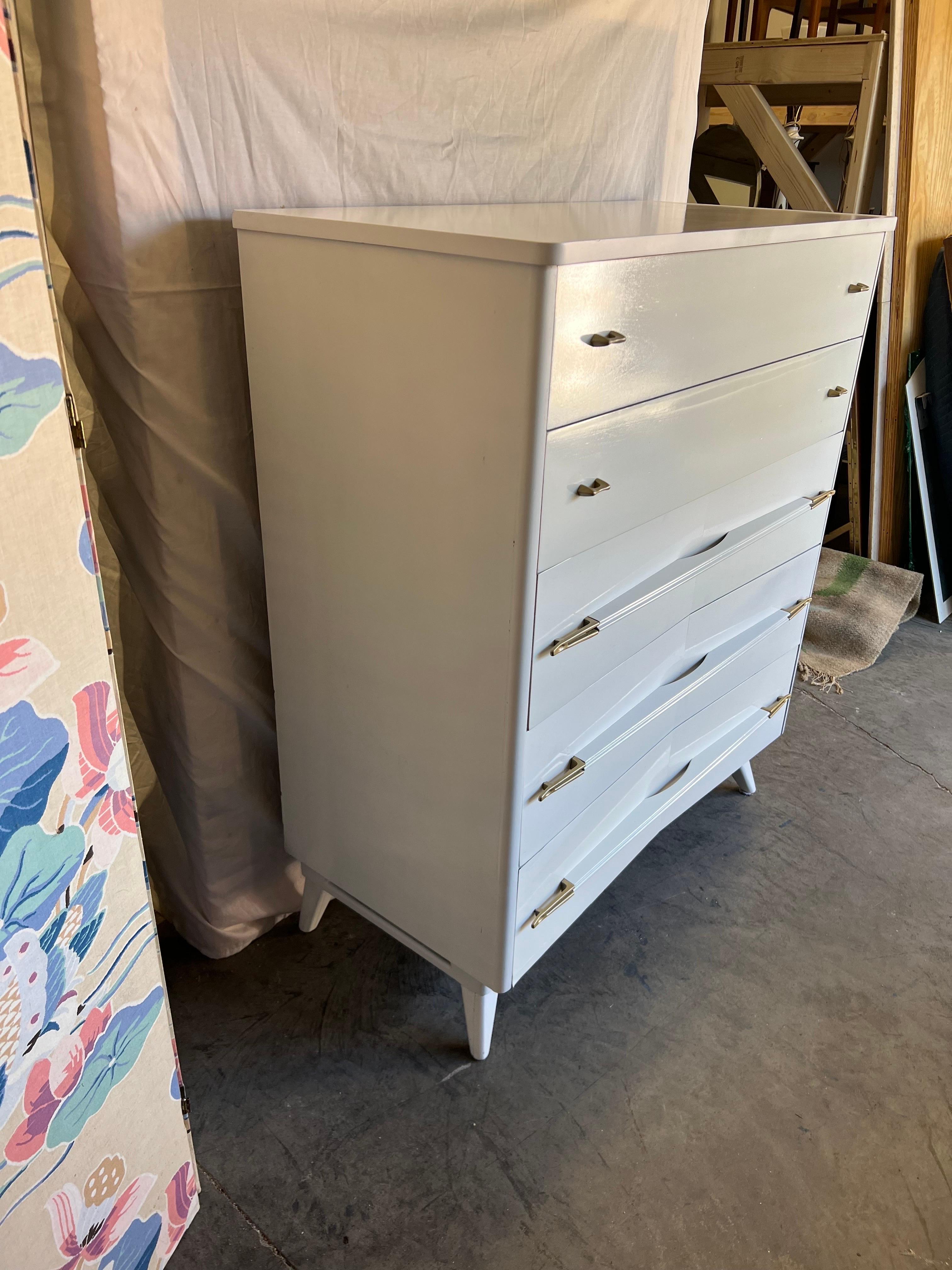 Vintage Atomic White Lacquered With Brass Highboy 2