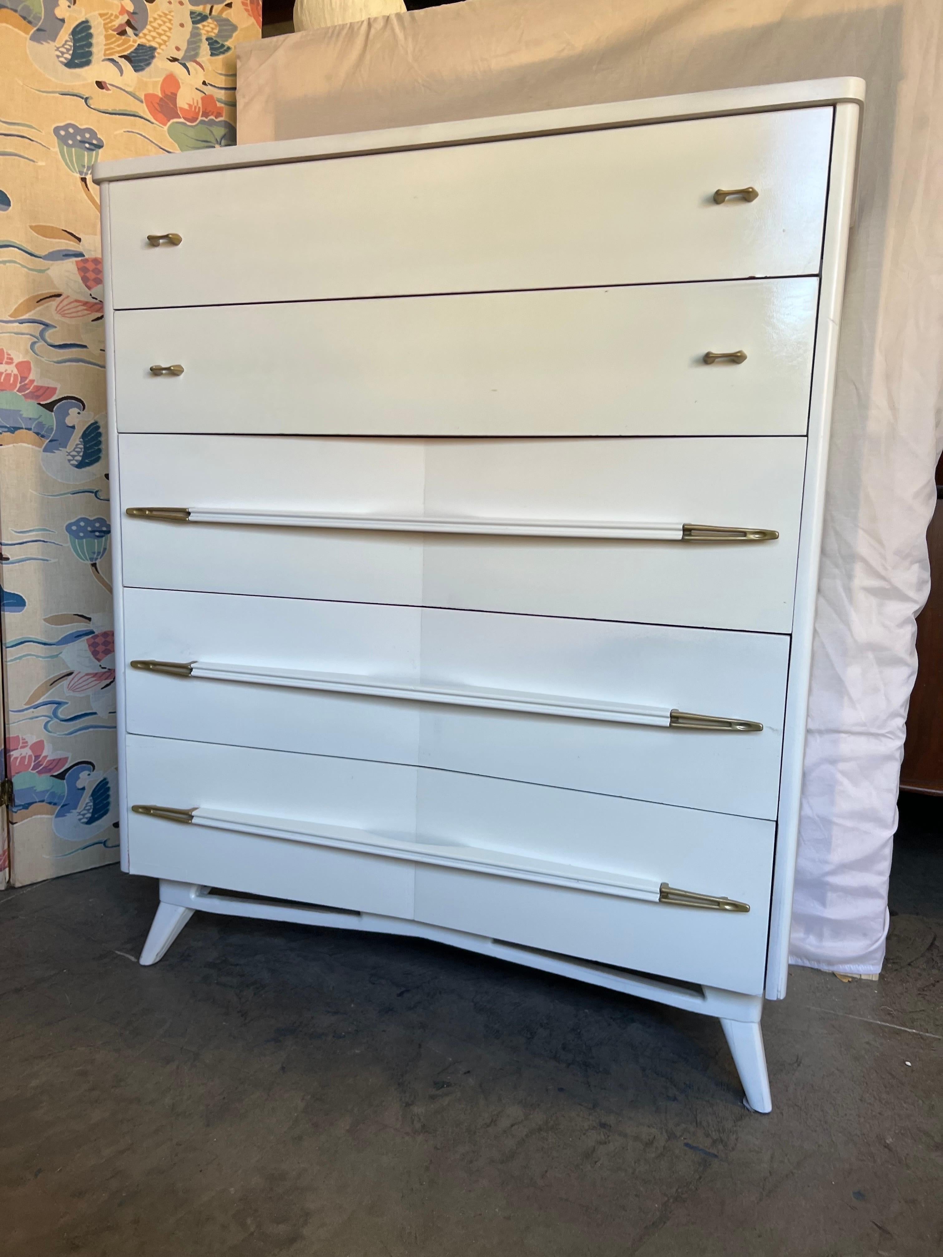 Vintage Atomic White Lacquered With Brass Highboy 3