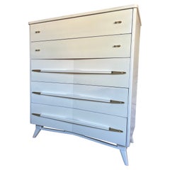 Vintage Atomic White Lacquered With Brass Highboy
