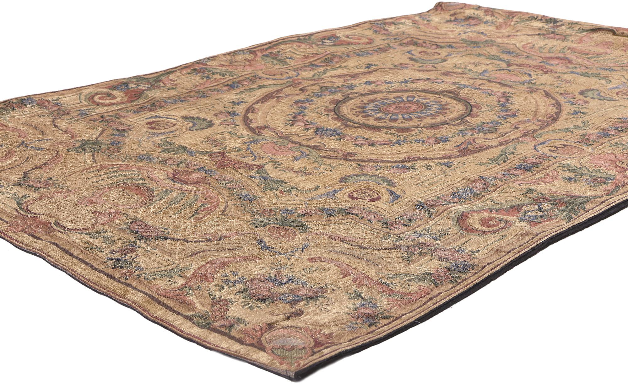 78682 Vintage Aubusson Beljen Mills Wall Hanging, 03'09 x 05'09. Handloomed Savonnerie style tapestries are intricately woven textiles inspired by the opulent Savonnerie carpets of 17th-century France. They feature elaborate designs, rich color