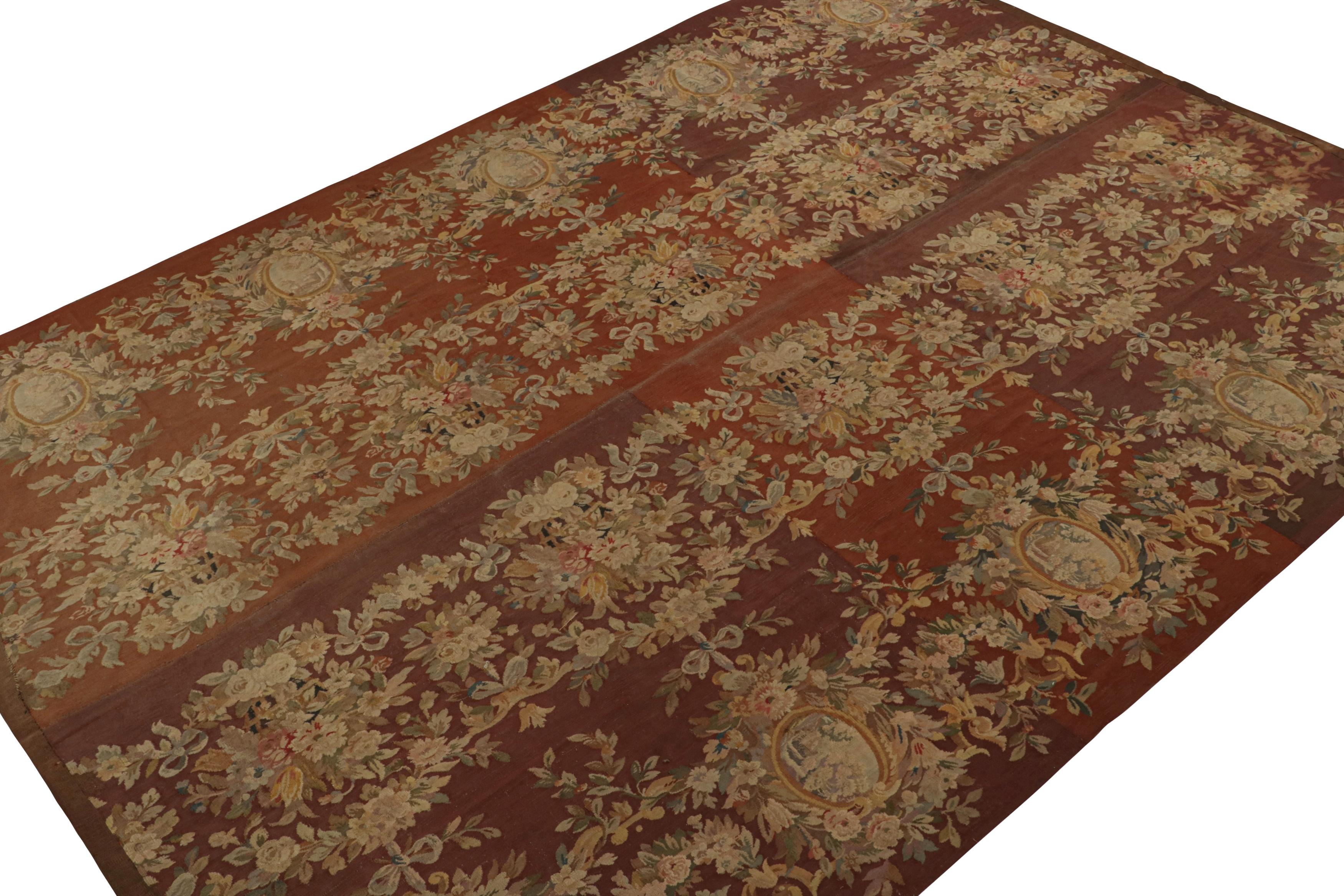 Dieser 10x14 große, handgewebte Aubusson-Flachgewebe-Teppich aus Frankreich (ca. 1950-1960) ist eine seltene Kuration aus der europäischen Teppichkollektion von Rug & Kilim. Das Design ist in satten Brauntönen gehalten, mit fein detaillierten