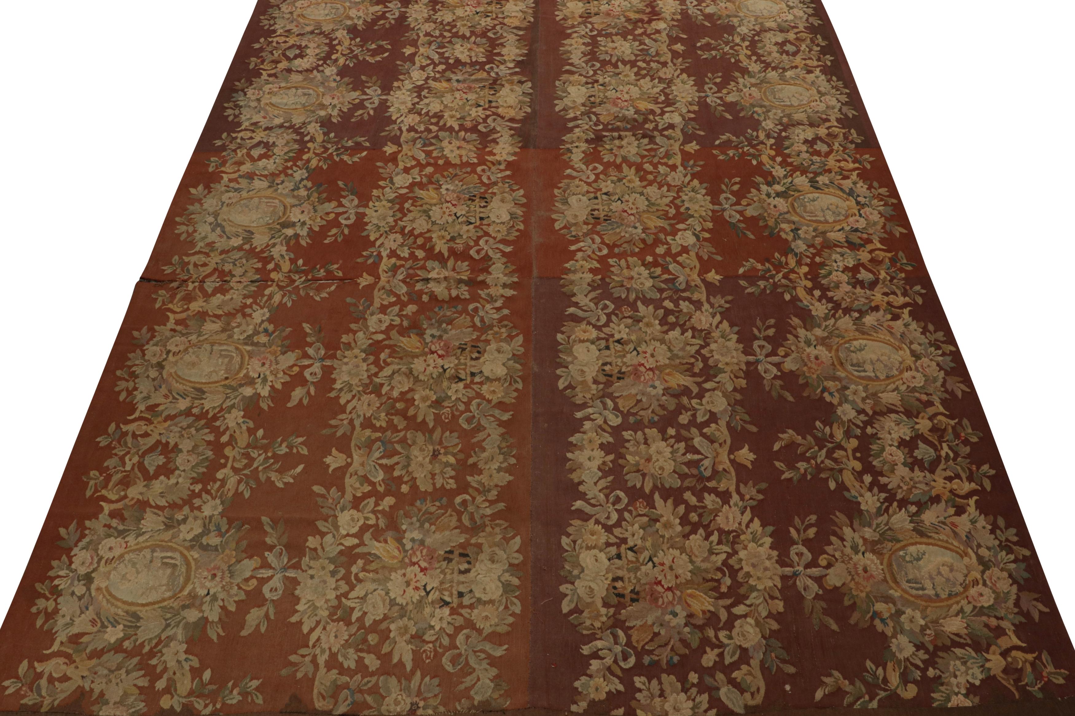 French Vintage Aubusson Flatweave Rug in Brown with Floral Patterns, from Rug & Kilim For Sale