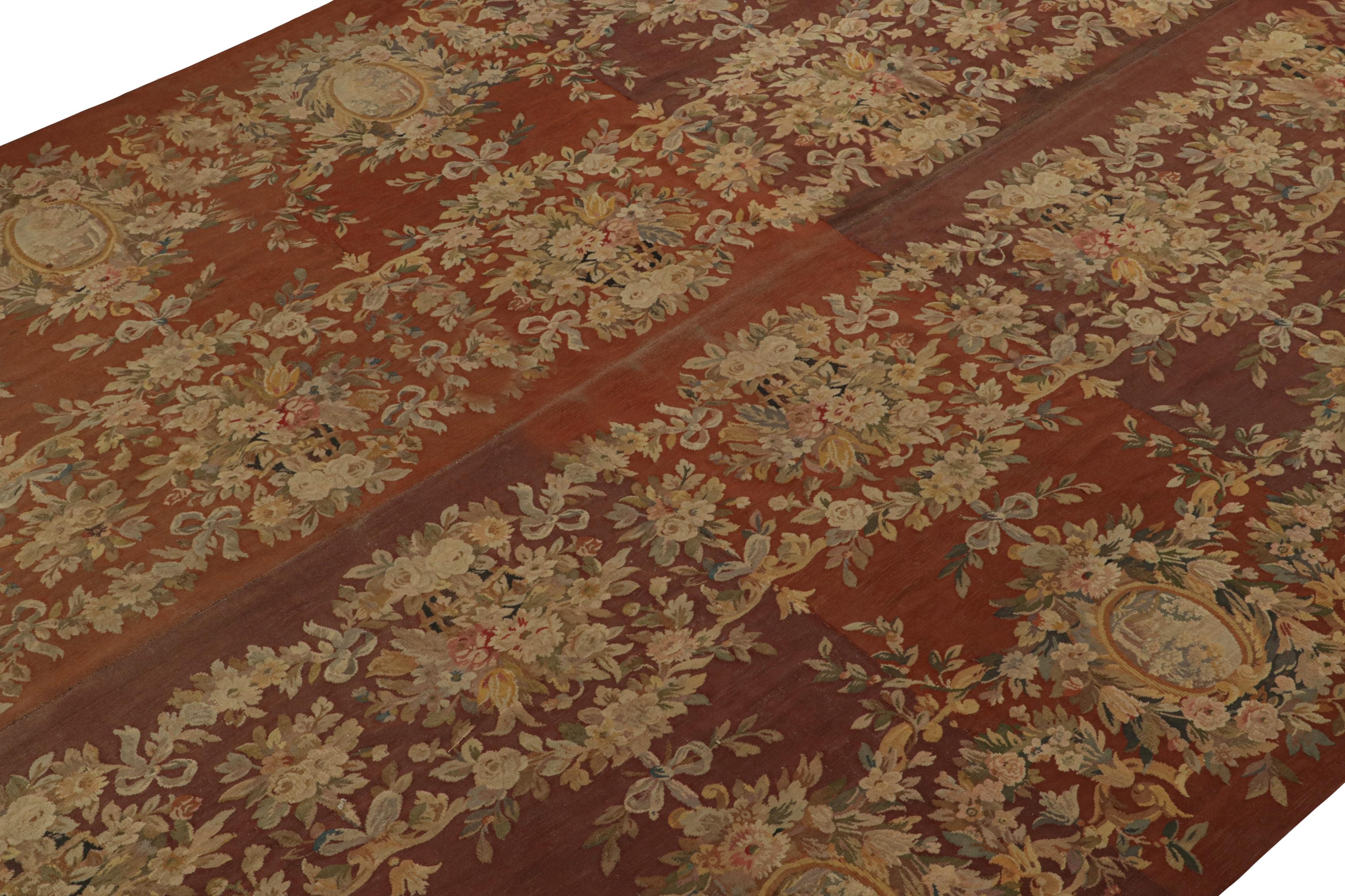 Hand-Woven Vintage Aubusson Flatweave Rug in Brown with Floral Patterns, from Rug & Kilim For Sale