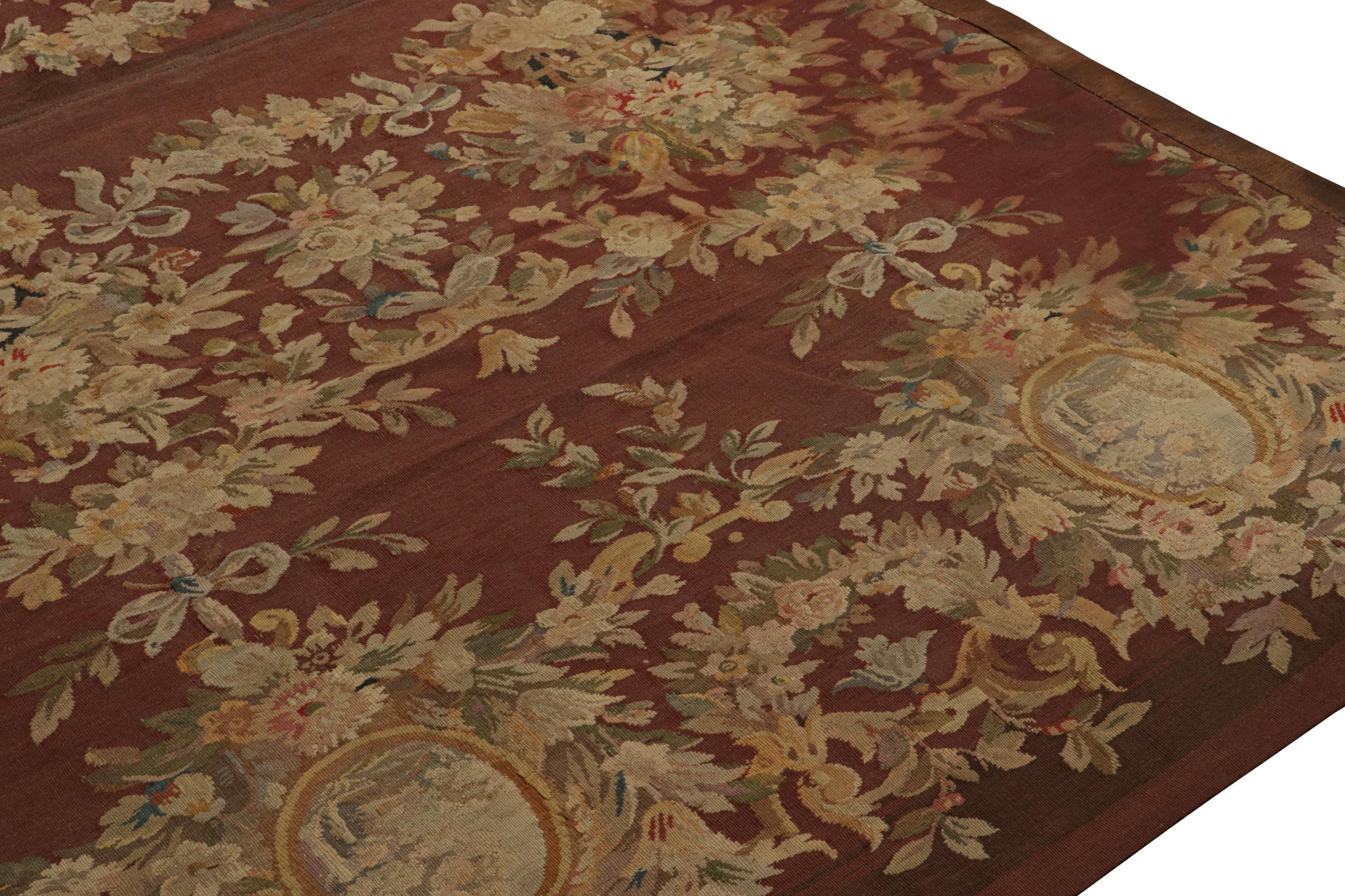 Vintage Aubusson Flatweave Rug in Brown with Floral Patterns, from Rug & Kilim In Good Condition For Sale In Long Island City, NY