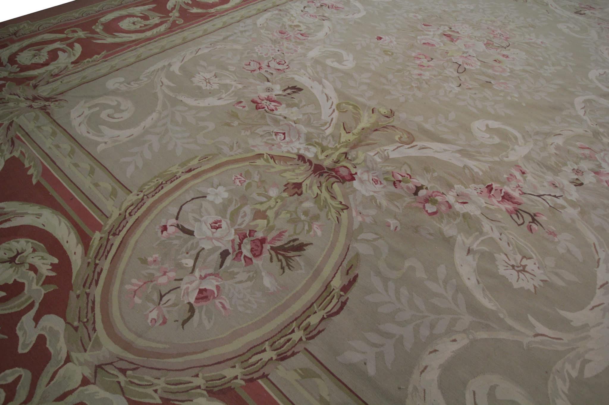 Chinese Vintage Aubusson & Floral French Rug, Beige Carpet, woven Needlepoint Area Rug For Sale