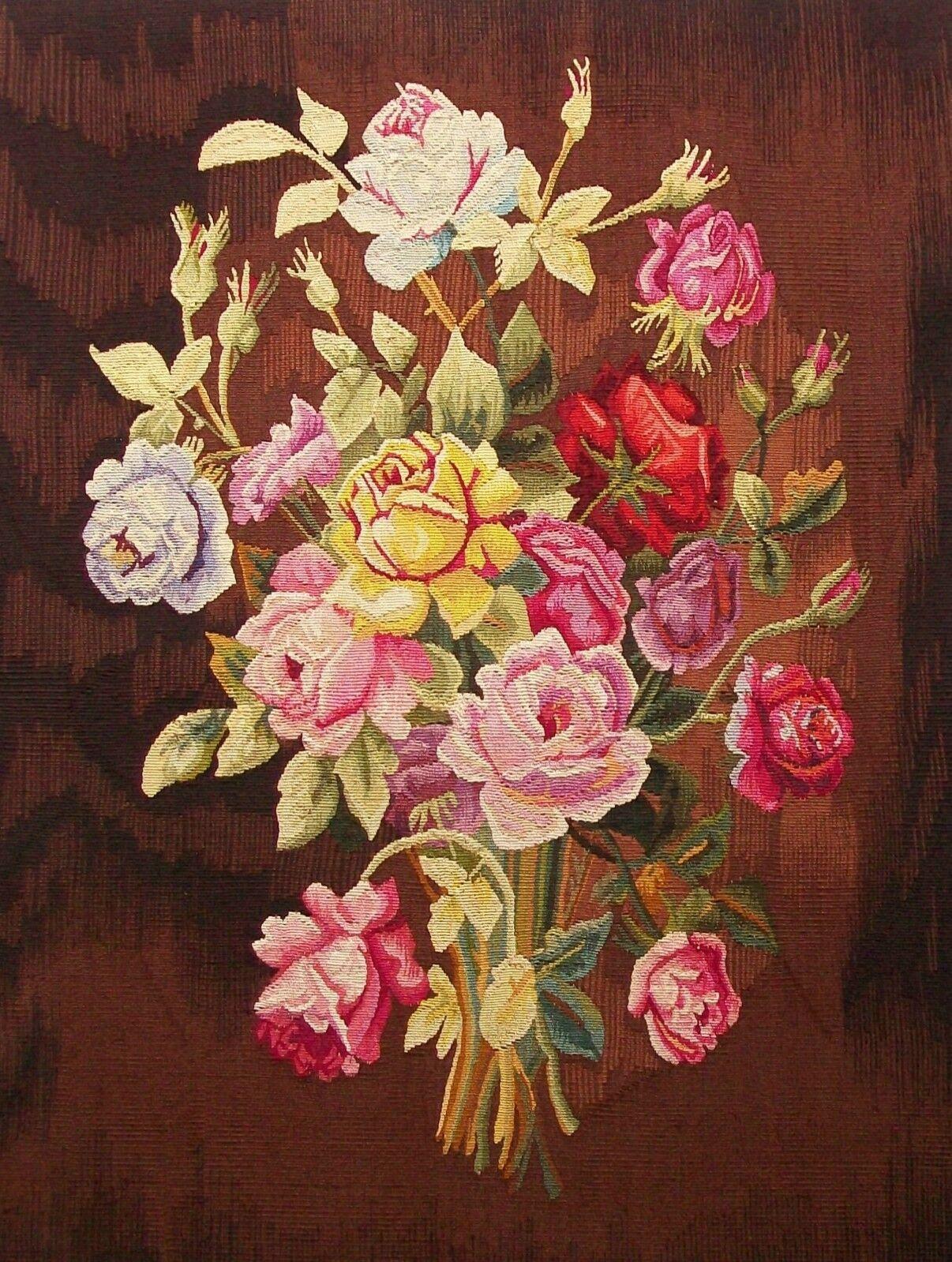 Vintage Aubusson floral tapestry panel - hand woven with silk threads for the flowers and leaves and stems - set against a variegated brown wool background - suitable 'as is' for hanging or for use as a large tapestry cushion - tapestry fixed with