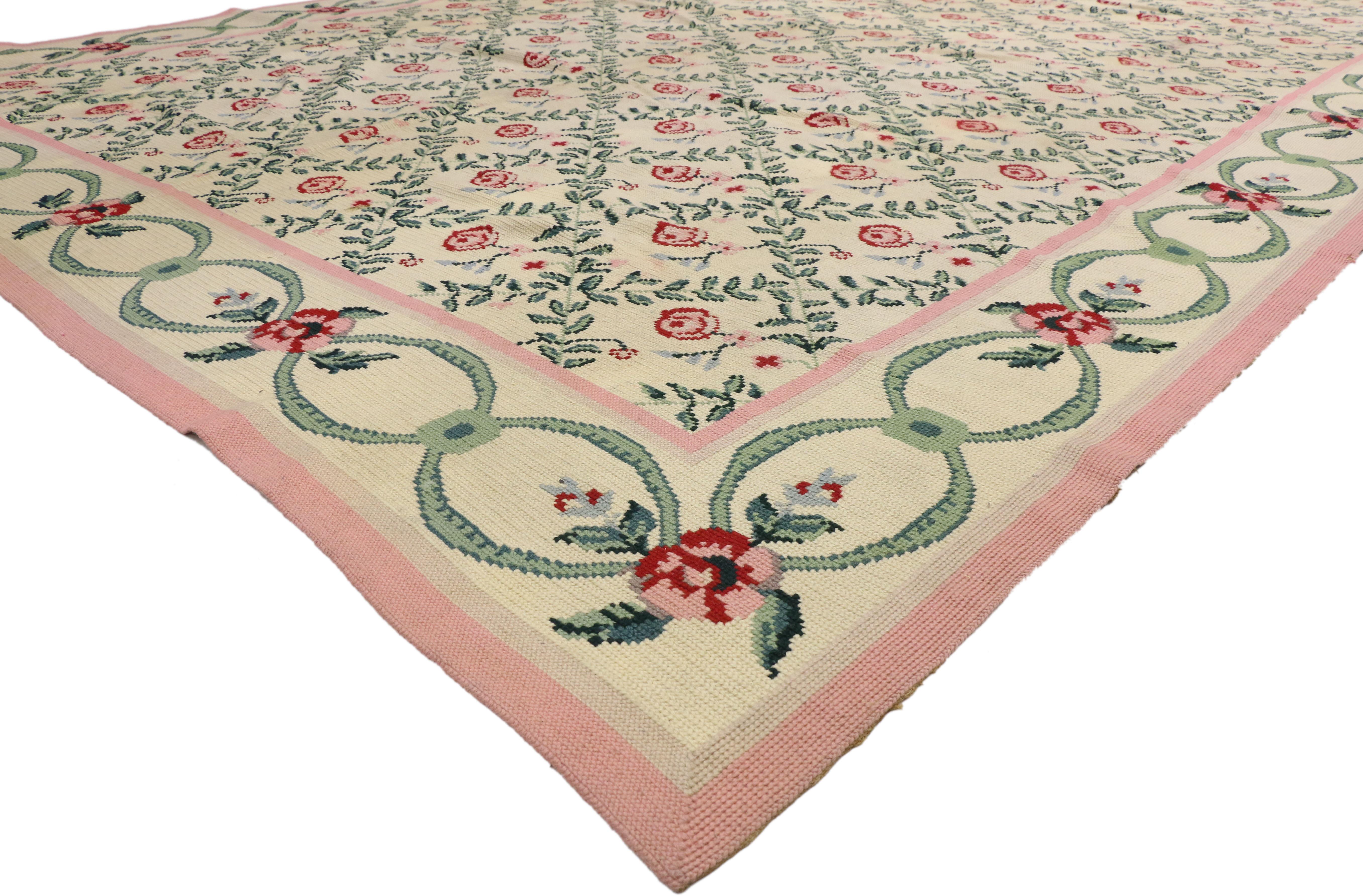 Hand-Knotted Vintage French Aubusson Floral Trellis Needlepoint Chinese Rug with Chintz Style For Sale