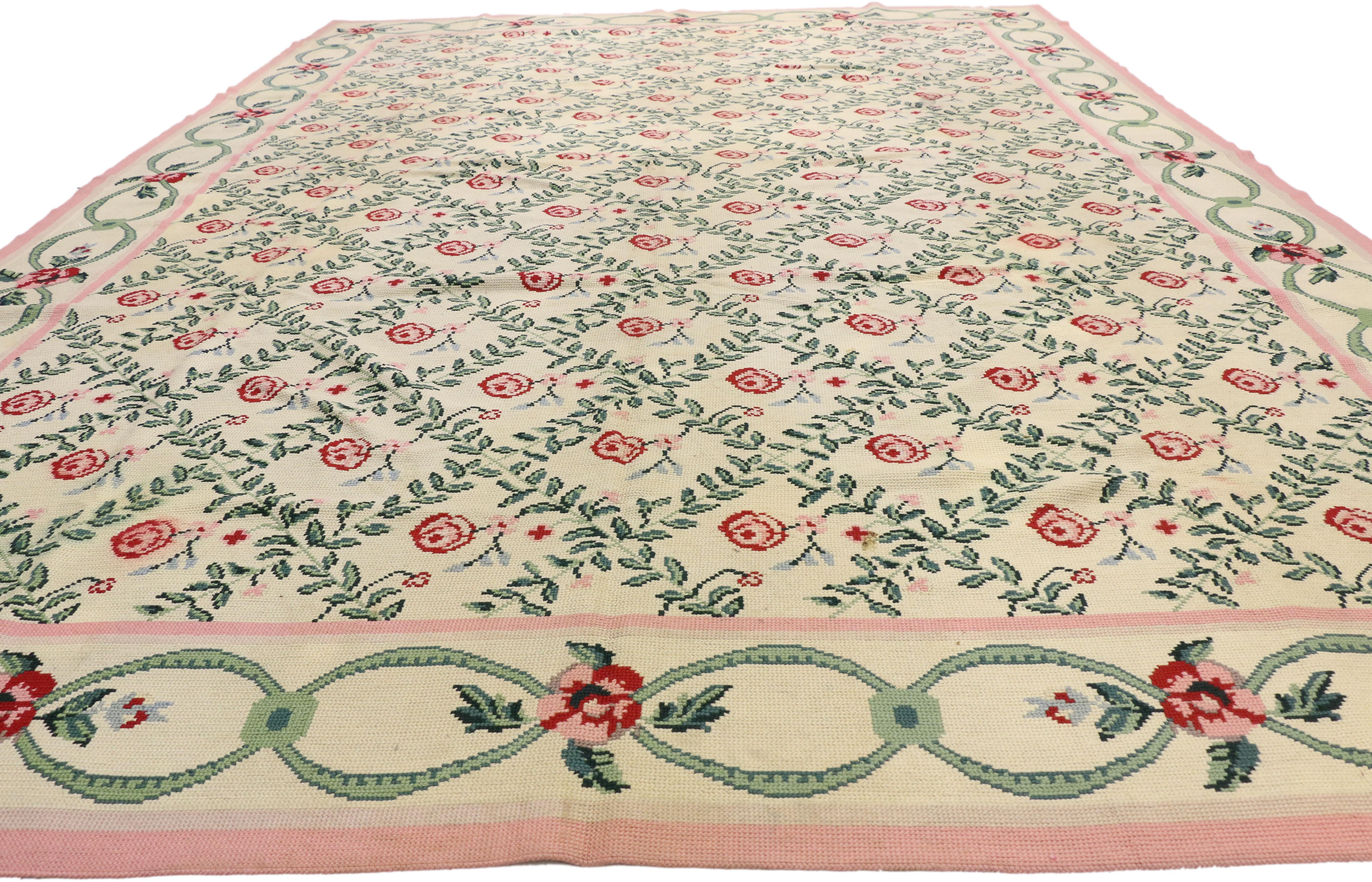 Vintage French Aubusson Floral Trellis Needlepoint Chinese Rug with Chintz Style In Fair Condition For Sale In Dallas, TX