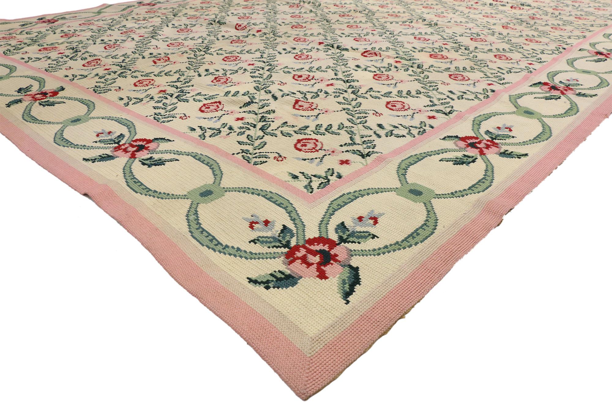 Wool Vintage French Aubusson Floral Trellis Needlepoint Chinese Rug with Chintz Style For Sale