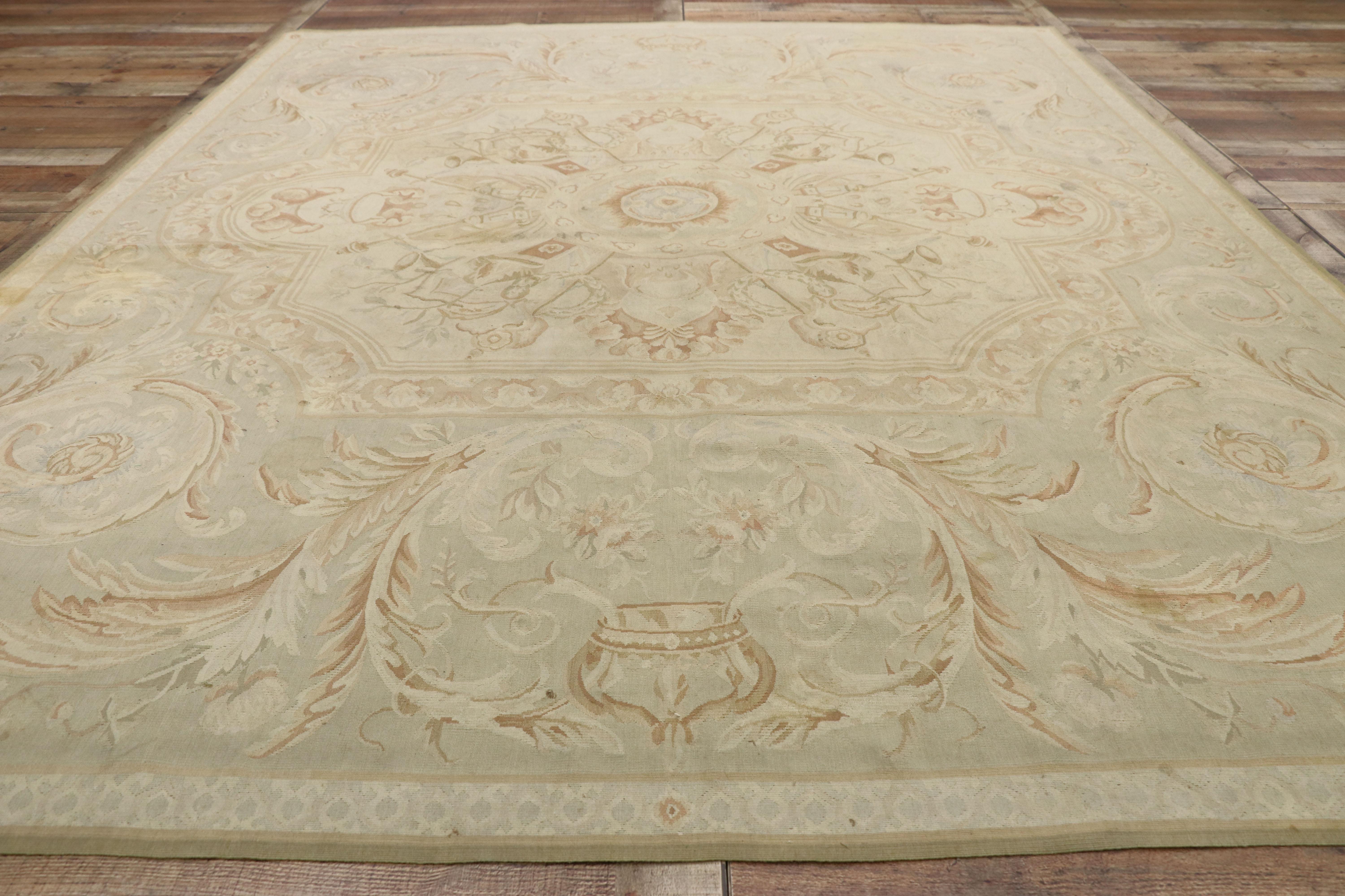 Wool Vintage Aubusson French Provincial Chintz Style Area Rug with Rocaille Design For Sale
