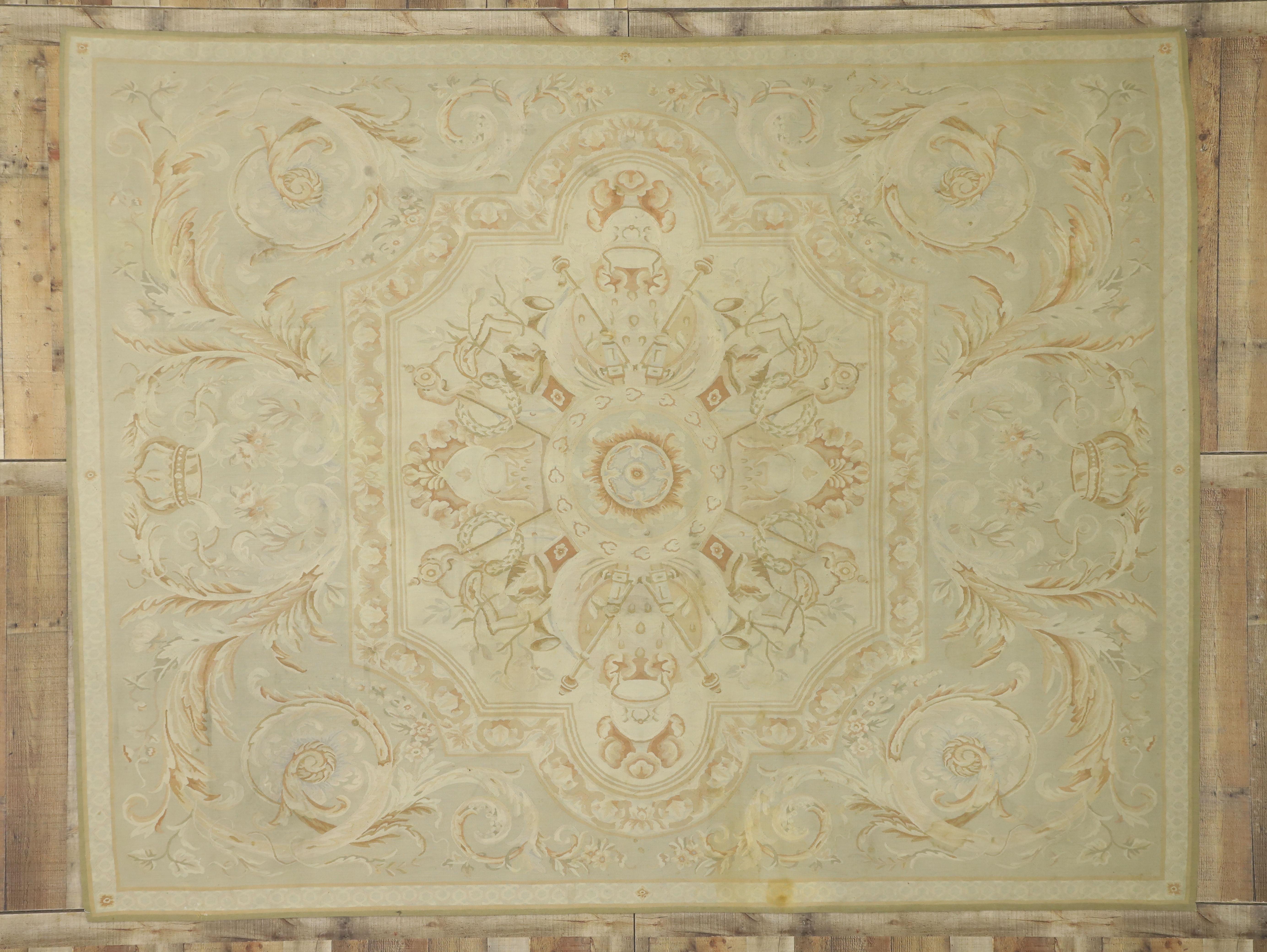 Vintage Aubusson French Provincial Chintz Style Area Rug with Rocaille Design For Sale 1