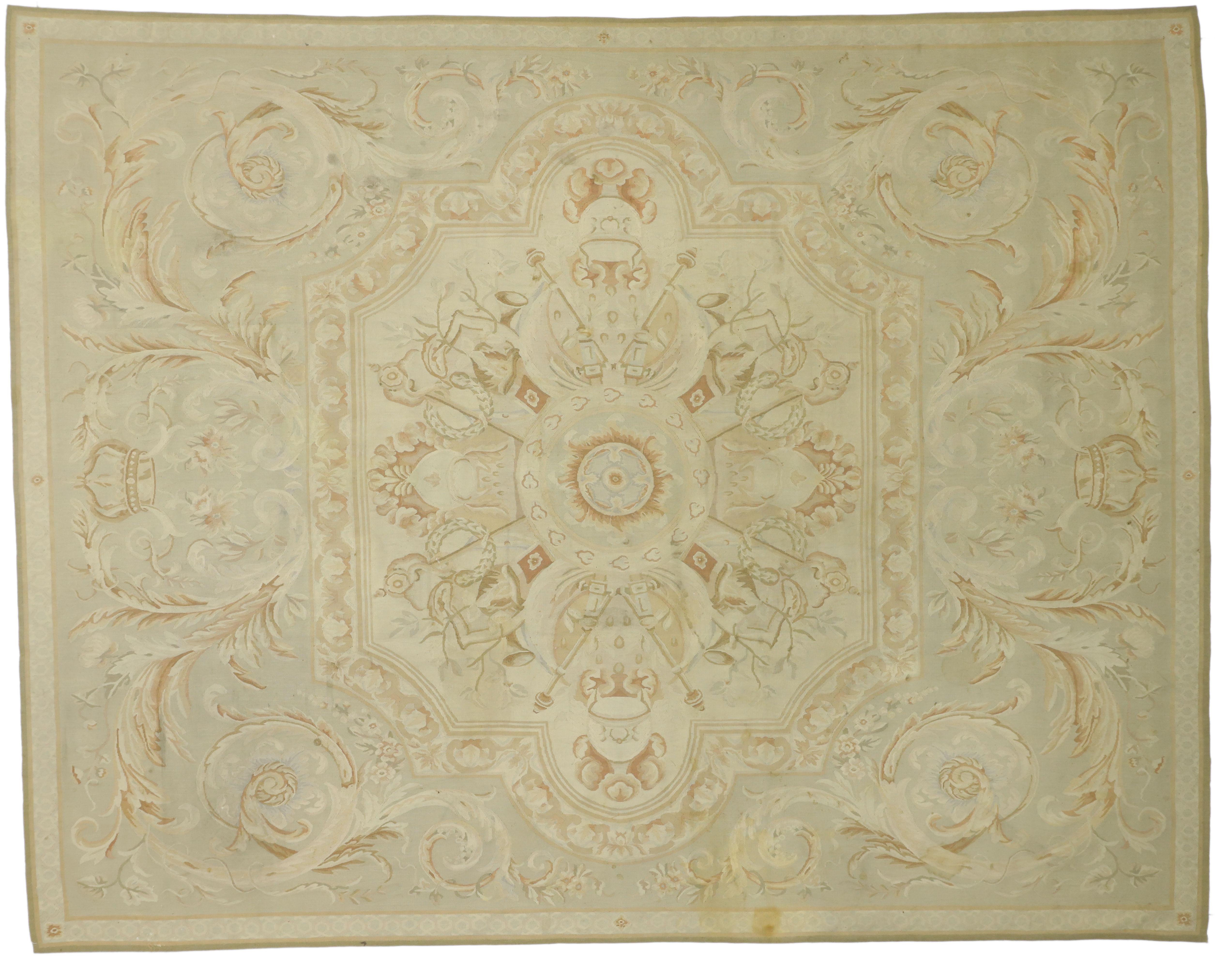 Vintage Aubusson French Provincial Chintz Style Area Rug with Rocaille Design For Sale 5