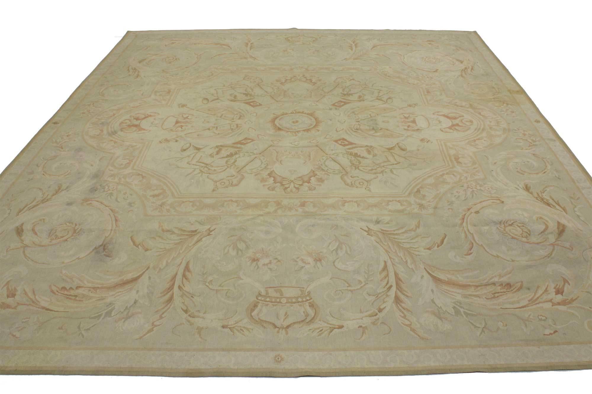 Hand-Woven Vintage Aubusson French Provincial Chintz Style Area Rug with Rocaille Design For Sale
