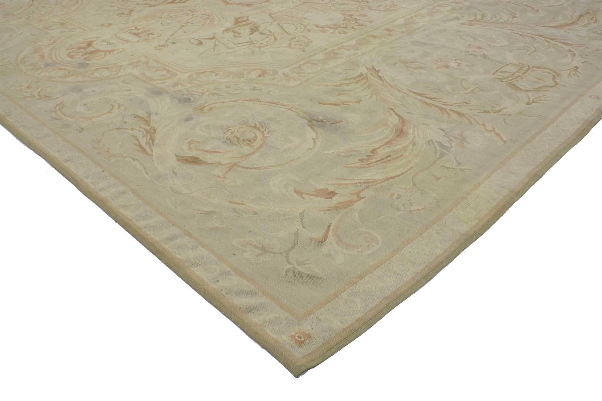 Vintage Aubusson French Provincial Chintz Style Area Rug with Rocaille Design In Fair Condition For Sale In Dallas, TX