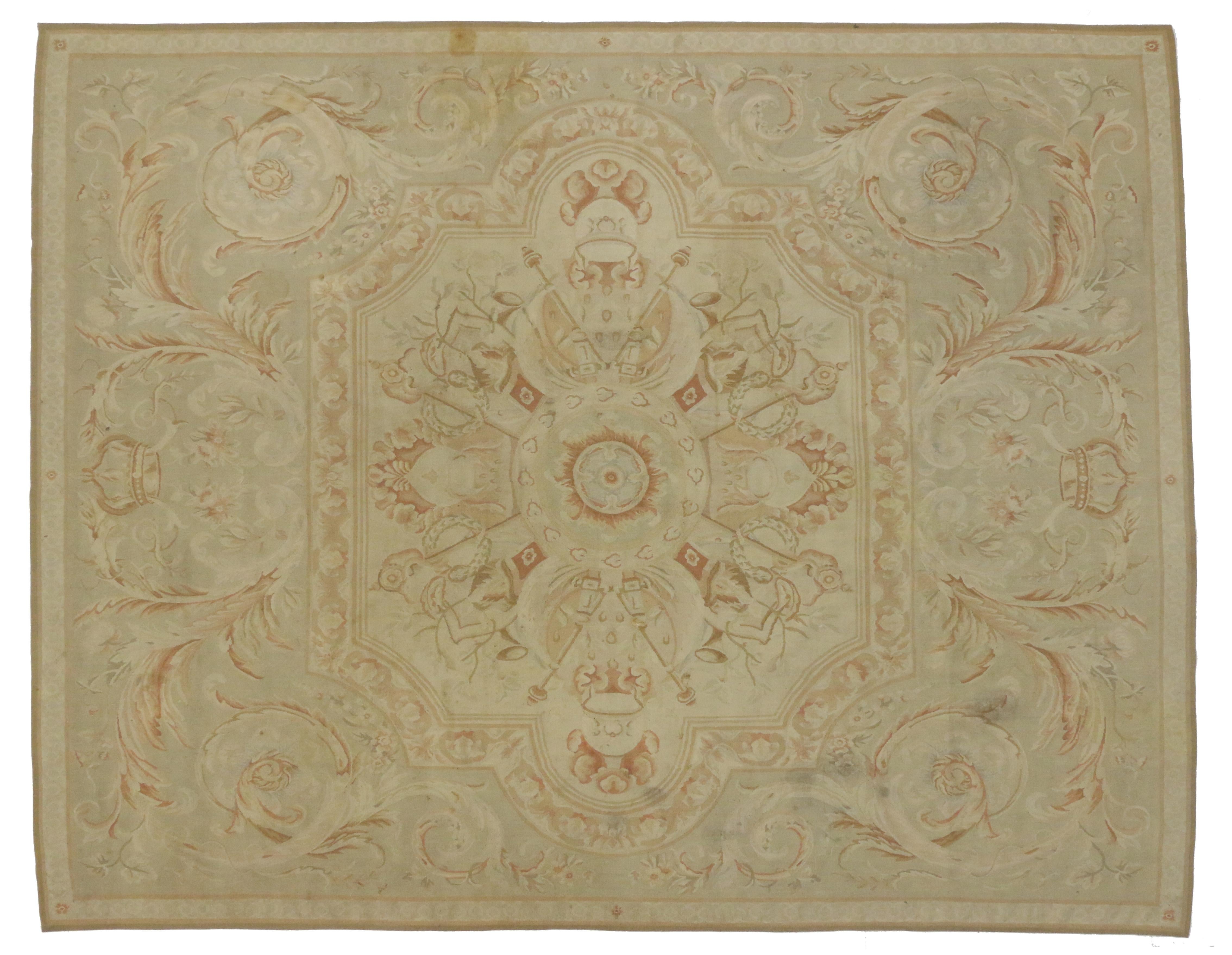 Vintage Aubusson French Provincial Chintz Style Area Rug with Rocaille Design For Sale 2