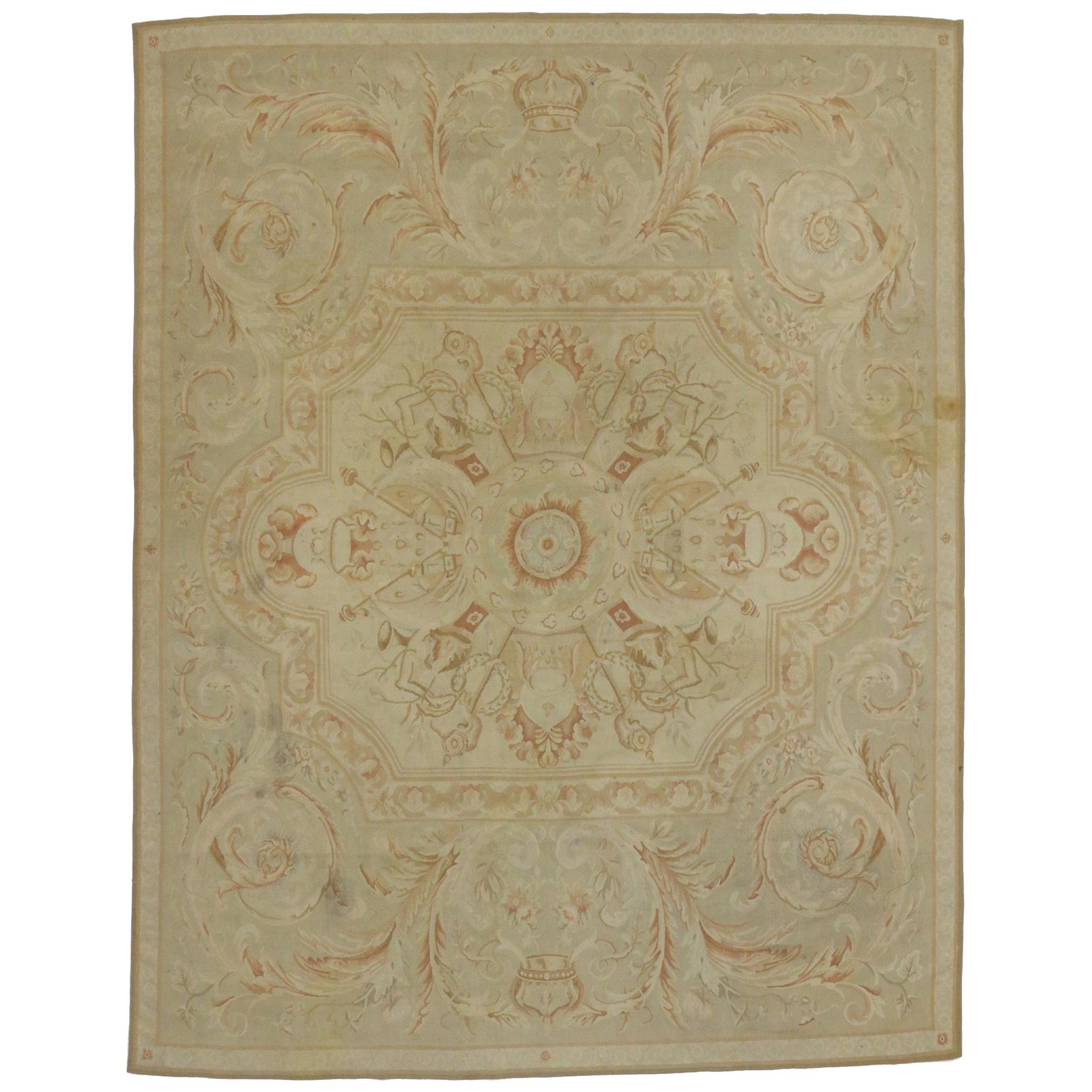 Vintage Aubusson French Provincial Chintz Style Area Rug with Rocaille Design For Sale