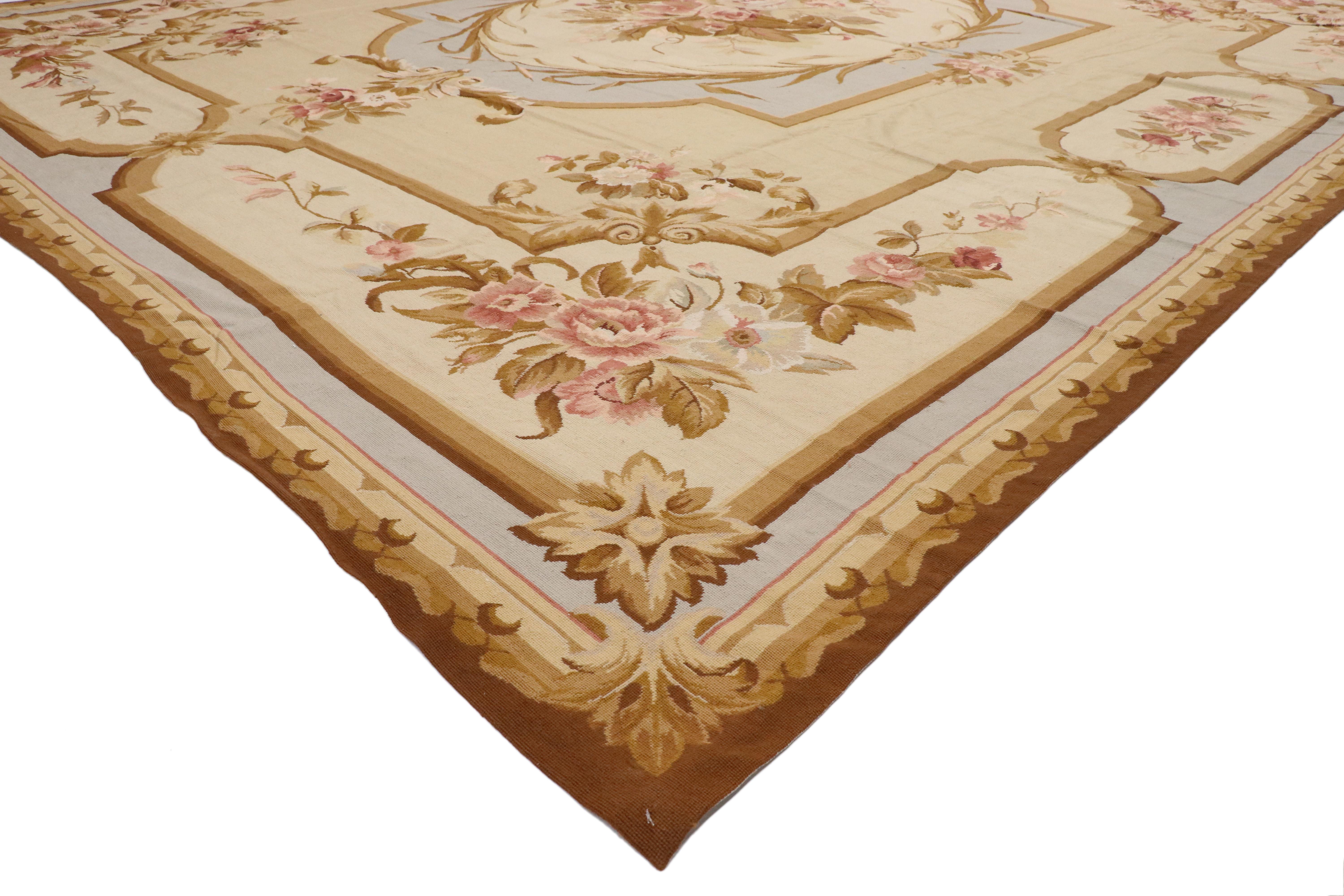 74213 Vintage Aubusson French Victorian Chinese Needlepoint Rug with Chintz Style 12'06 x 15'06. Drawing inspiration from Mario Buatta, Chintz style and design elements from the 18th century in France, this vintage Chinese Aubusson style needlepoint