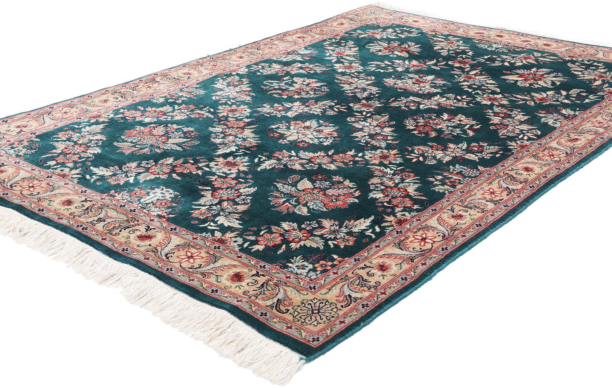 79120 Vintage Pakistani Aubusson Garden Trellis Rug, 04'01 x 06'03. This exquisite hand-knotted wool vintage Pakistani Aubusson garden trellis rug beautifully captures traditional elegance while showcasing the exceptional craftsmanship of