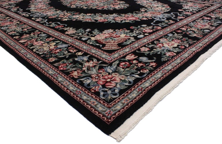 76664 Vintage Aubusson Garden Chinese Area Rug with Baroque Floral Chintz Style 09'02 x 12'00. Drawing inspiration from Mario Buatta and Chintz style, this hand-knotted wool vintage Aubusson garden Chinese area rug features the full blossoms of