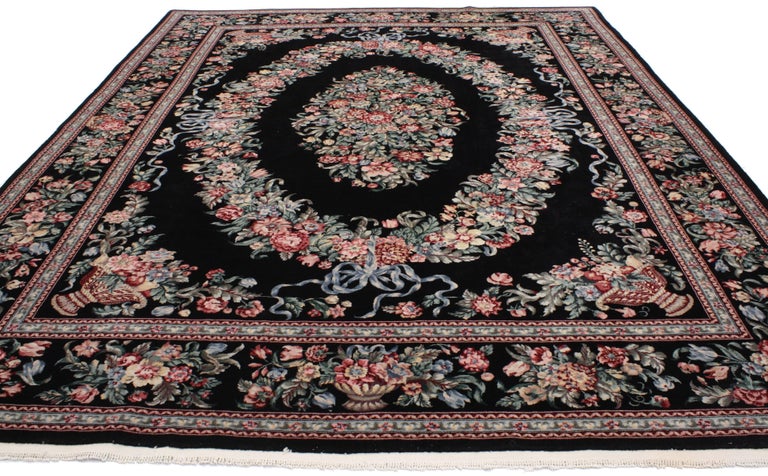 Hand-Knotted Vintage Aubusson Garden Chinese Area Rug with Baroque Floral Chintz Style For Sale