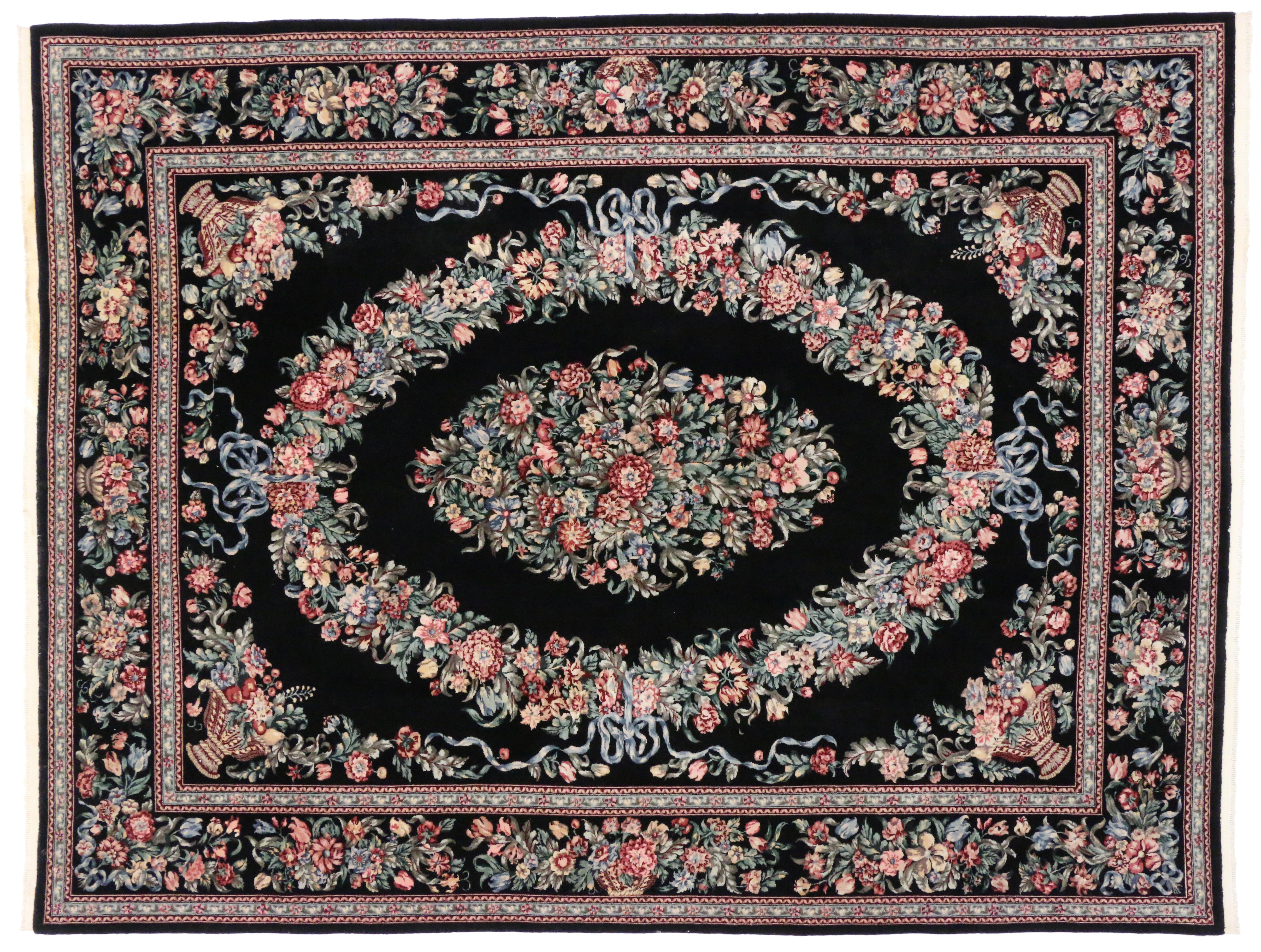 Hand-Knotted Vintage Aubusson Garden Chinese Area Rug with Baroque Floral Chintz Style For Sale