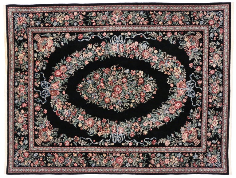 Vintage Aubusson Garden Chinese Area Rug with Baroque Floral Chintz Style In Excellent Condition For Sale In Dallas, TX