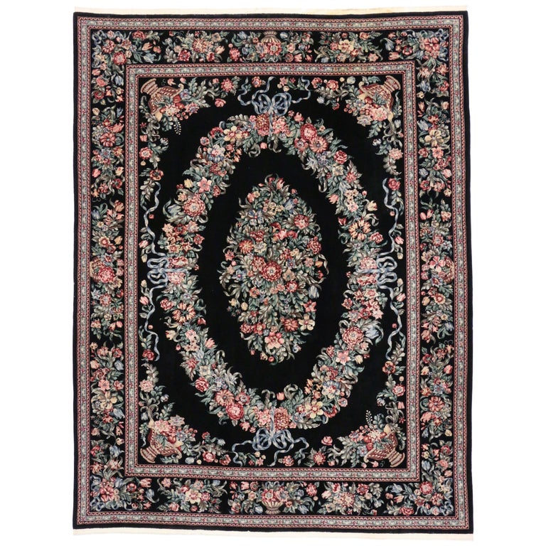 Vintage Aubusson Garden Chinese Area Rug with Baroque Floral Chintz Style For Sale