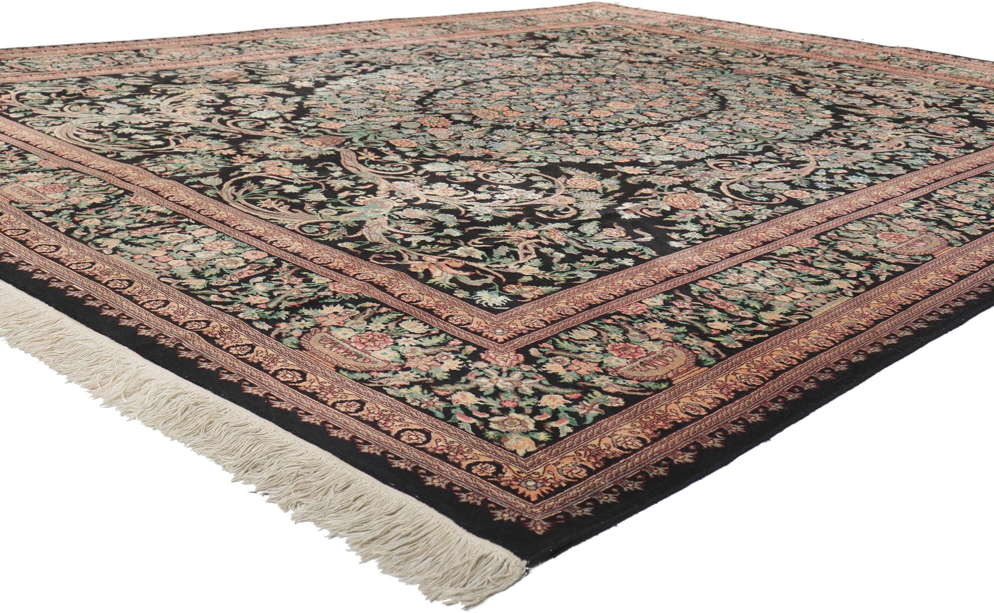 76773 Vintage French Aubusson Style Rug, 09'00 x 11'06.
Drawing inspiration from Mario Buatta and Chintz style, this hand-knotted wool vintage Aubusson style garden area rug features the full blossoms of flower garlands similar to those found in the