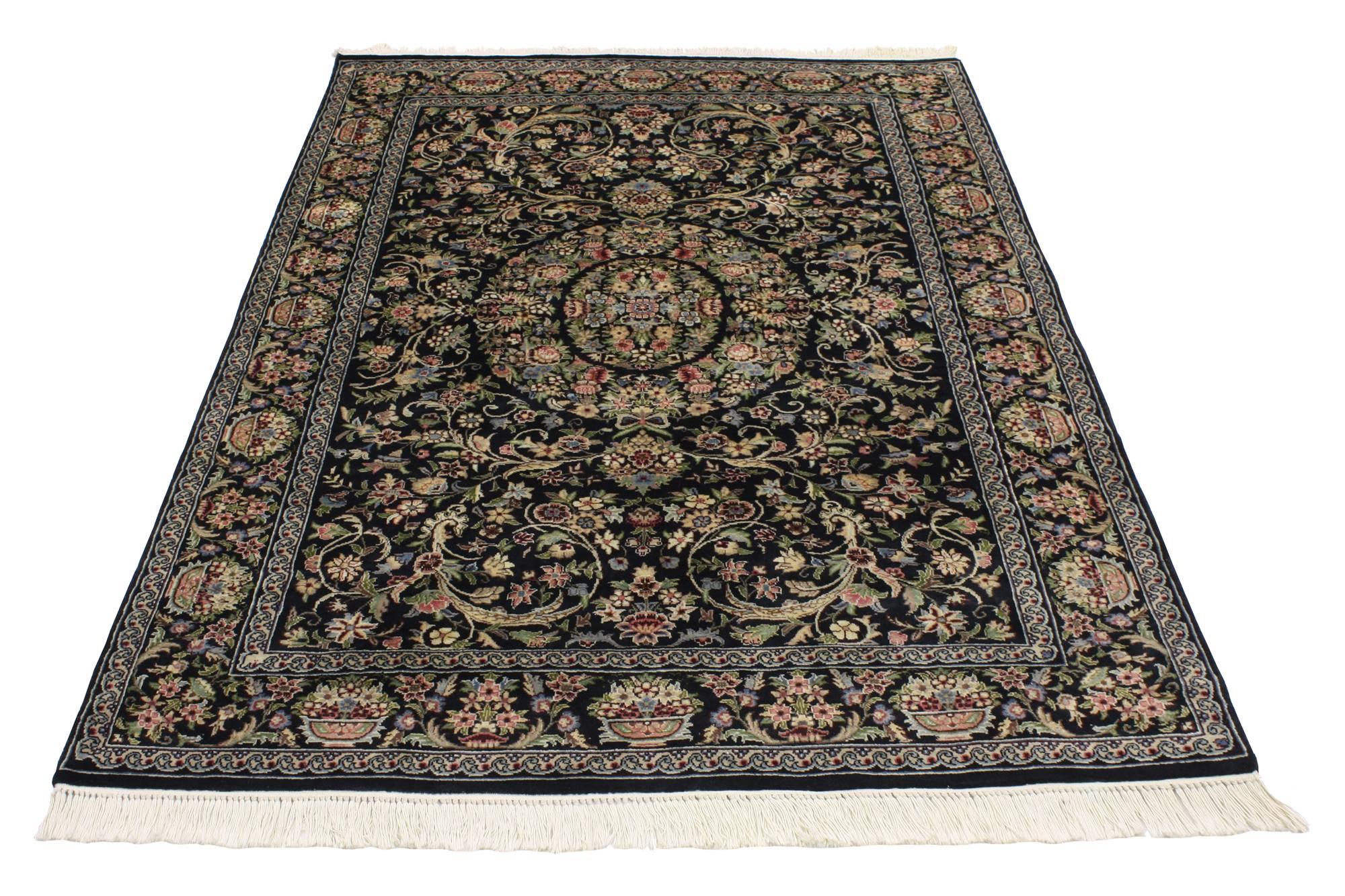 76855 Vintage Aubusson Garden Area Rug with Baroque Floral Chintz Style 04'00 x 06'01. Drawing inspiration from Mario Buatta and Chintz style, this hand-knotted wool vintage Aubusson Garden style area rug features the full blossoms of flower