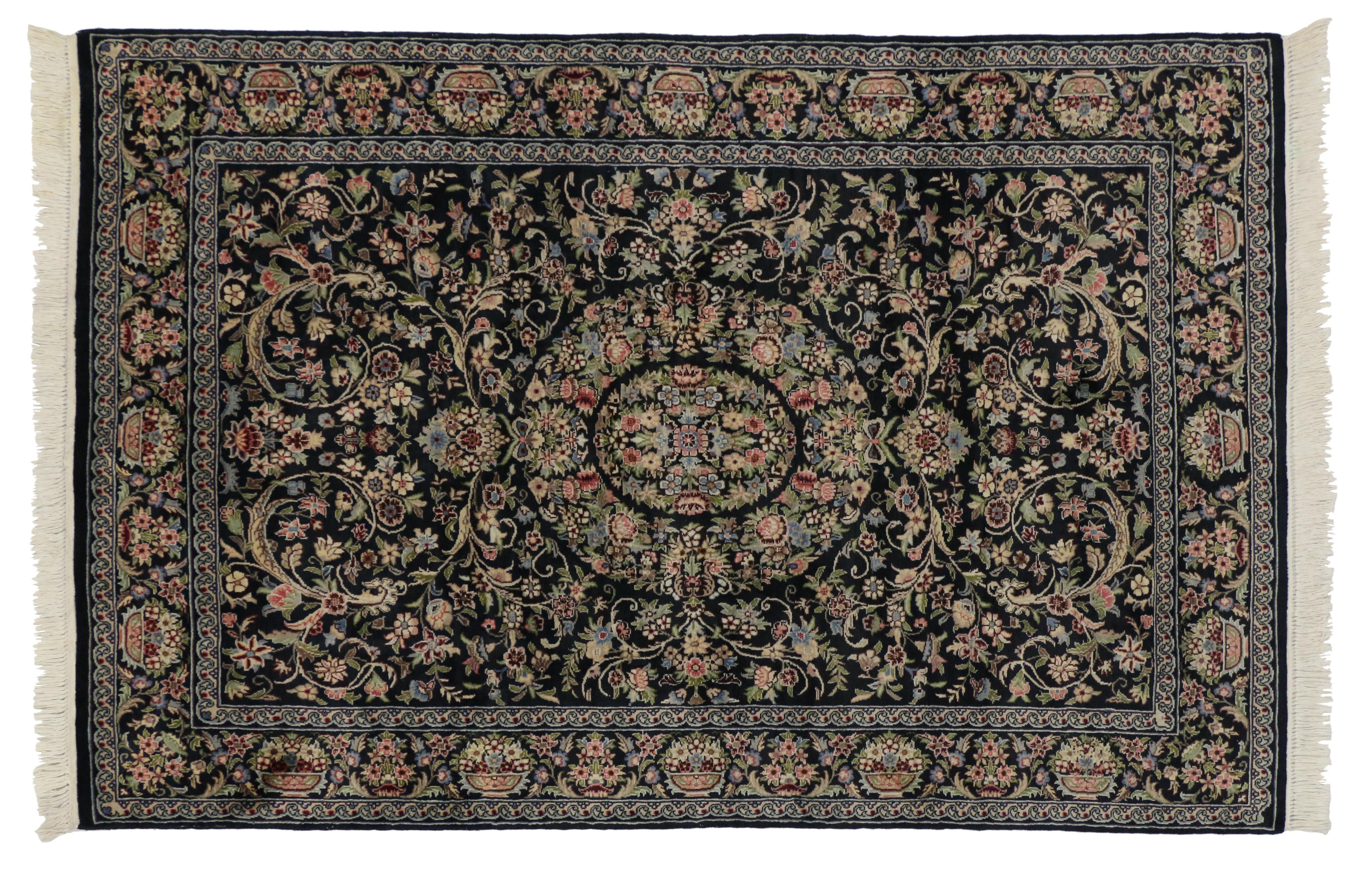 Hand-Knotted Vintage Aubusson Garden Area Rug with Baroque Floral Chintz Style