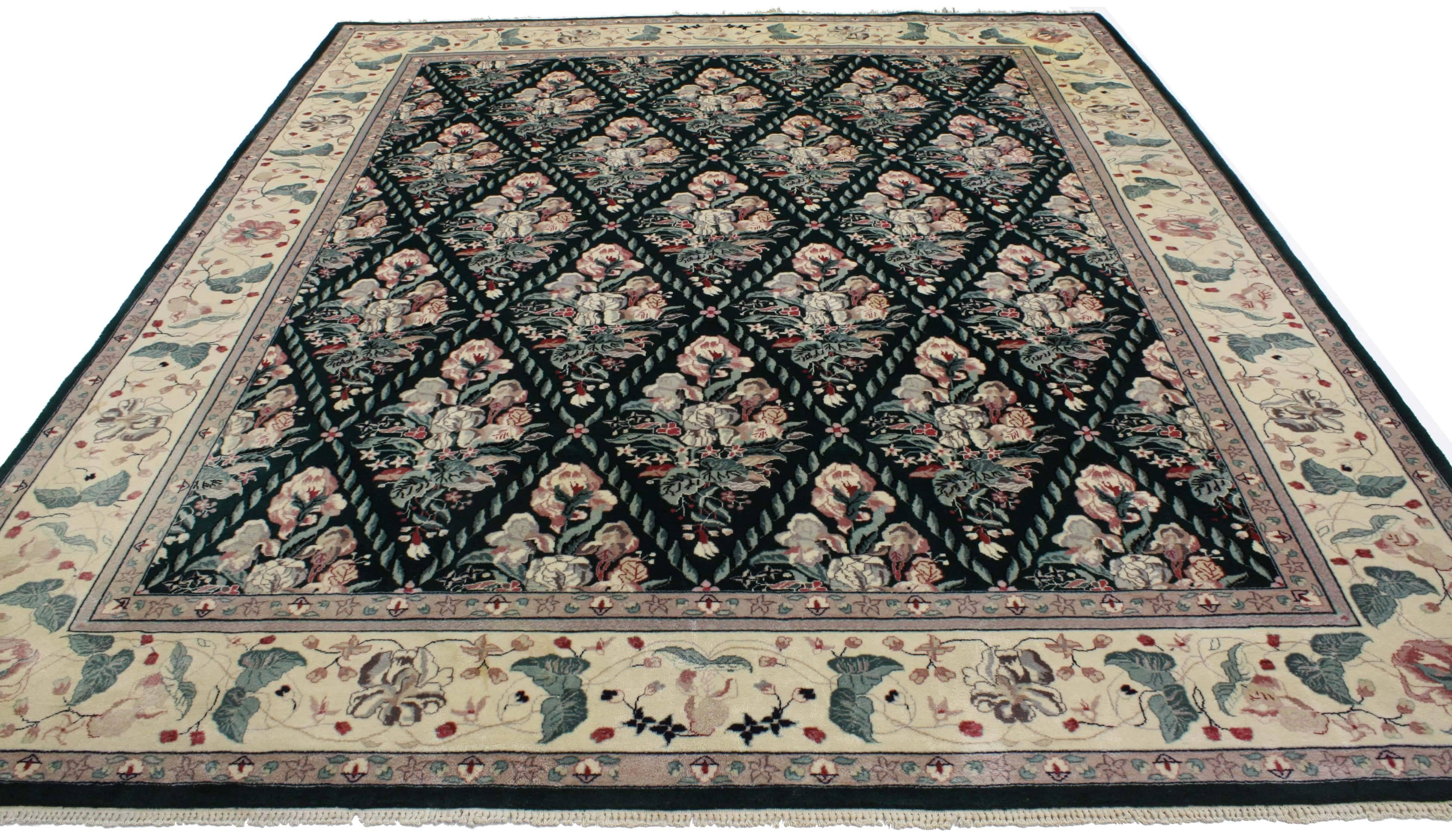 76666 Vintage Garden Trellis Chinese Rug with English Country Charm and Chintz Style 07'10 x 09'06. Drawing inspiration from Mario Buatta and Chintz style, this hand-knotted wool vintage garden trellis Chinese rug features a classic floral pattern