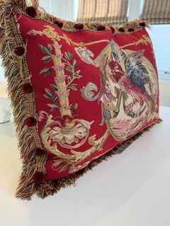 Vintage Aubusson Pillow in red with Parrot, Velvet Backing