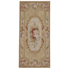 Vintage Aubusson Rug, Gold Needlepoint Runner Pink Floral Country Home Decor