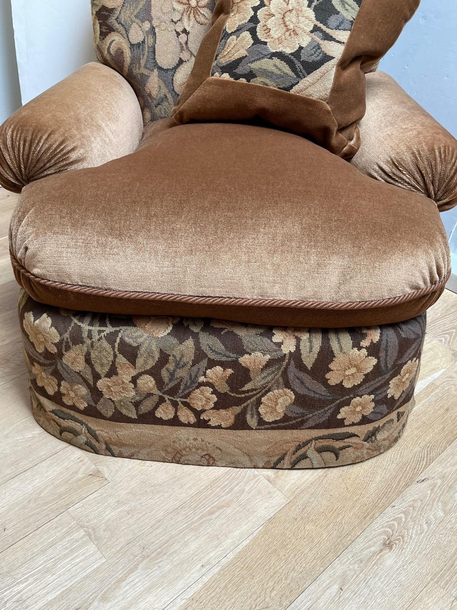 Vintage Aubusson Rug Upholstered Lounge Chair, Aubusson Rug and New Mohair Textile Combine to make this Subline and Outrageously Comfortable Lounge Chair on Swivel Base, Cushions and Pillow Filled with 50/50 Down