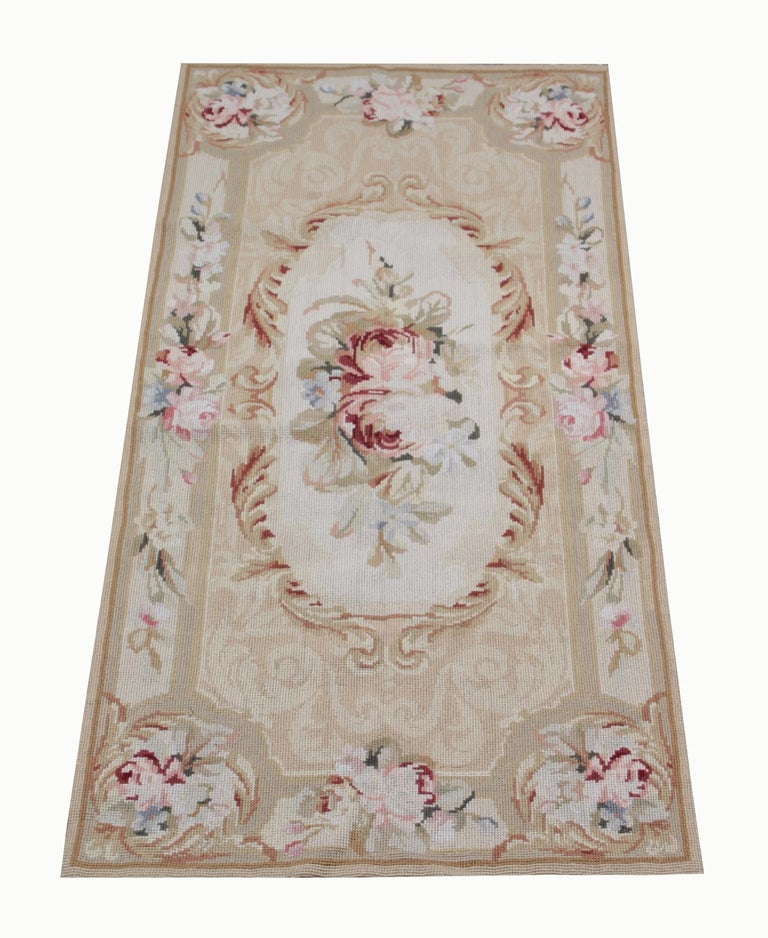 Vintage Aubusson Rug Gold Needlepoint Runner Pink Floral Country