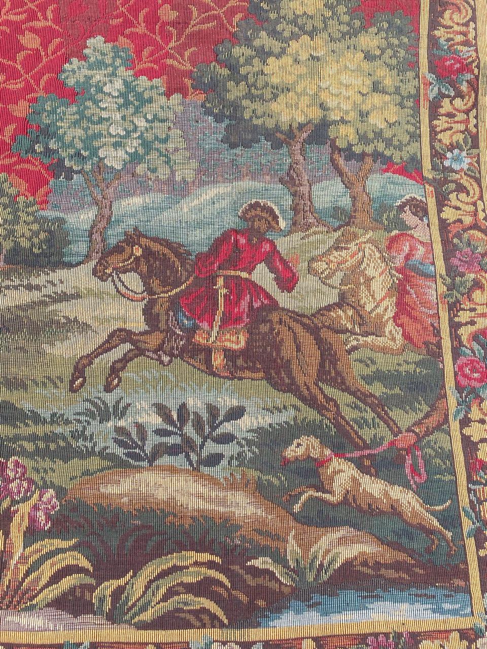 Schöner französischer Wandteppich aus dem 20. Jahrhundert mit einem mittelalterlichen Jagdmotiv und schönen Farben mit rotem Himmel, mechanische Jaquar-Herstellung mit Wolle und Baumwolle.

✨✨✨
