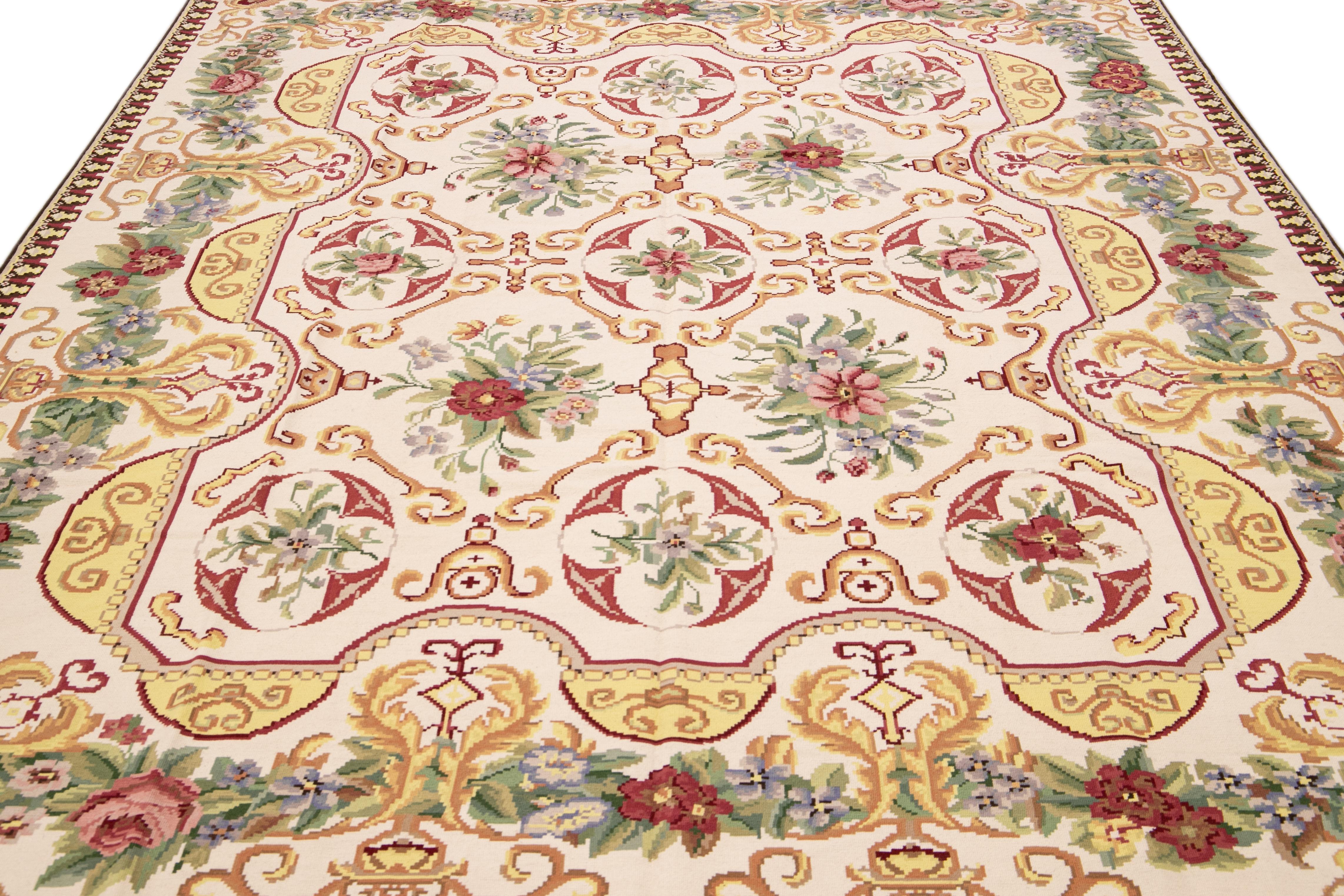French Provincial Vintage Aubusson Style Needlepoint Floral Pattern Ivory Wool Rug