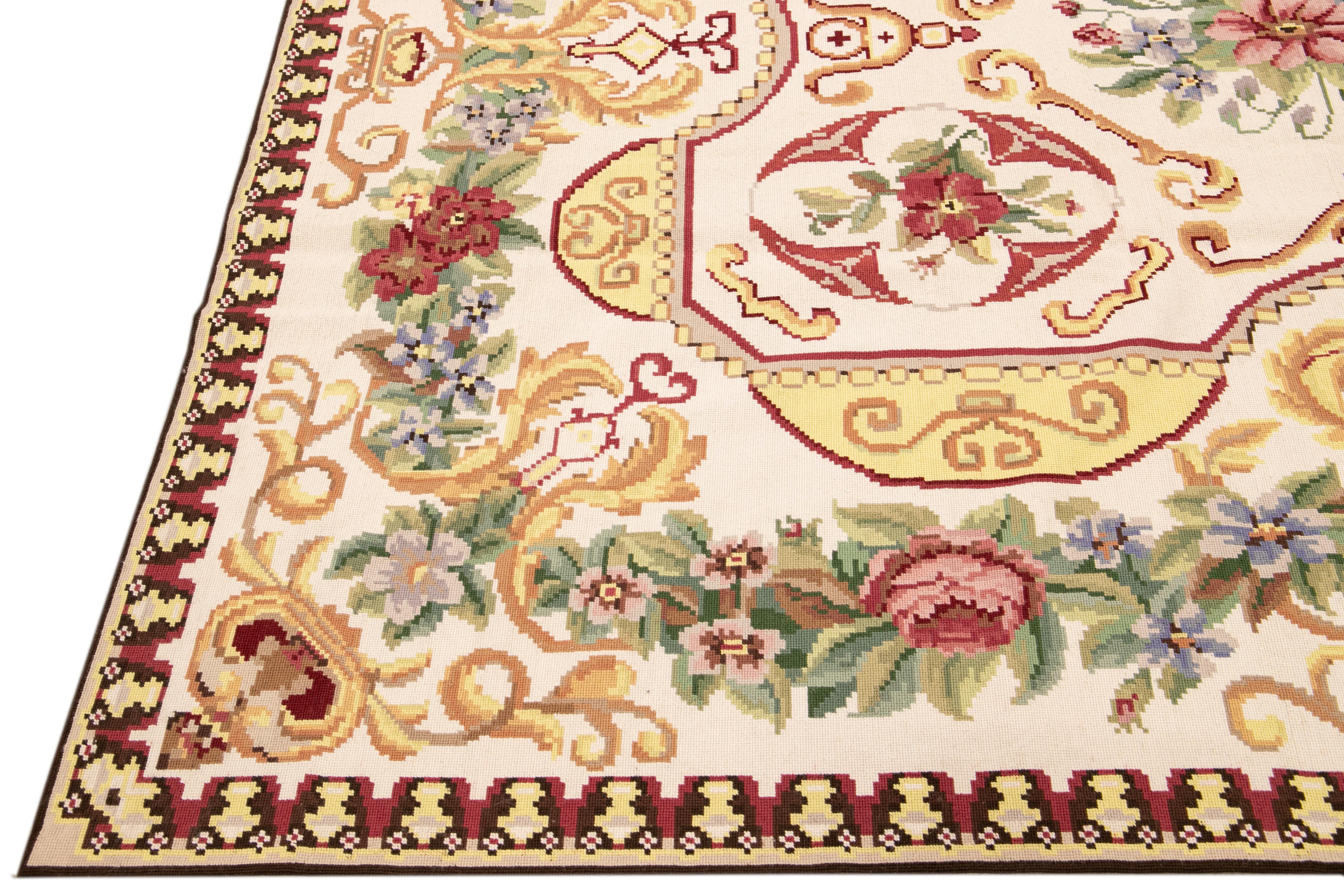Portuguese Vintage Aubusson Style Needlepoint Floral Pattern Ivory Wool Rug