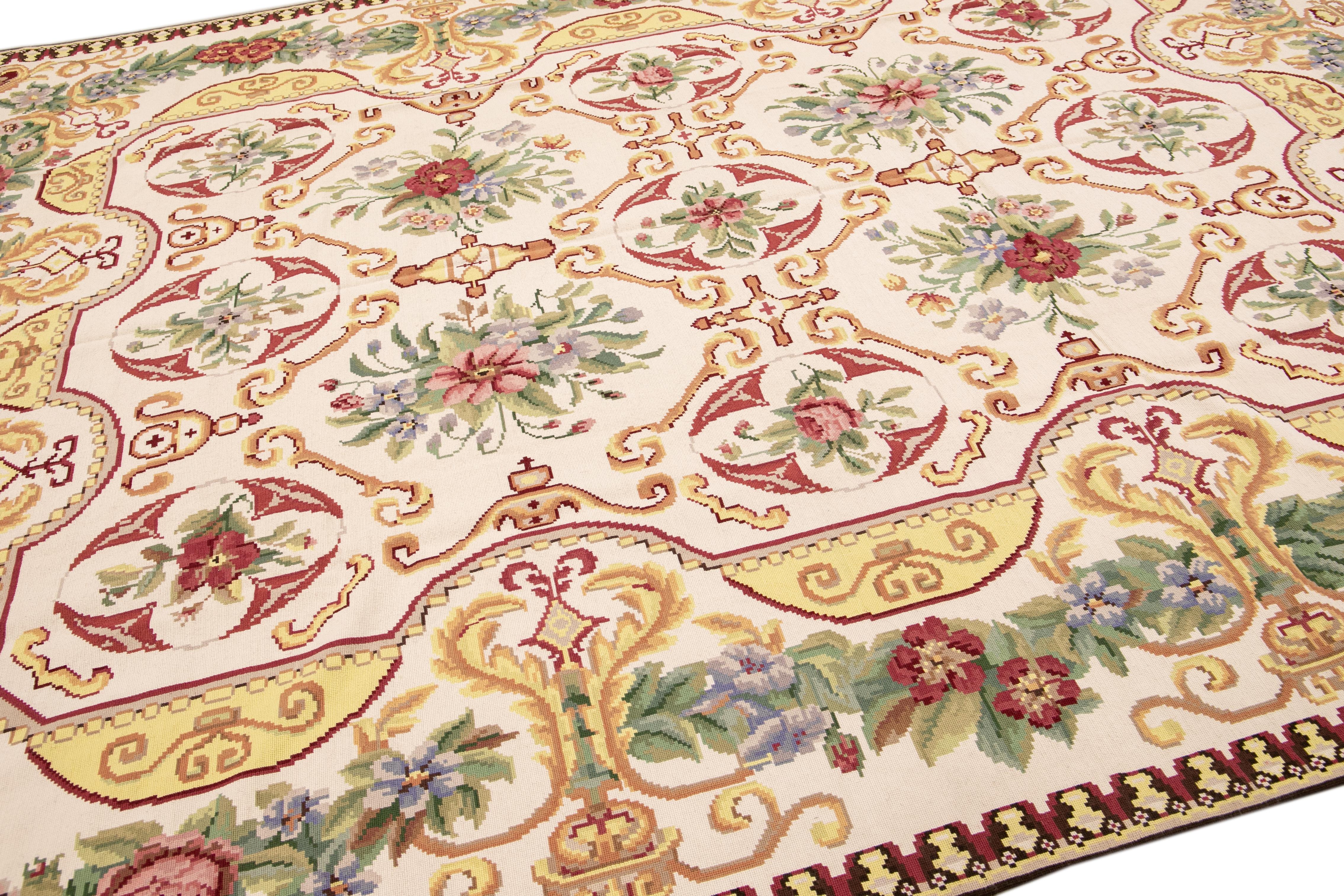 Hand-Knotted Vintage Aubusson Style Needlepoint Floral Pattern Ivory Wool Rug