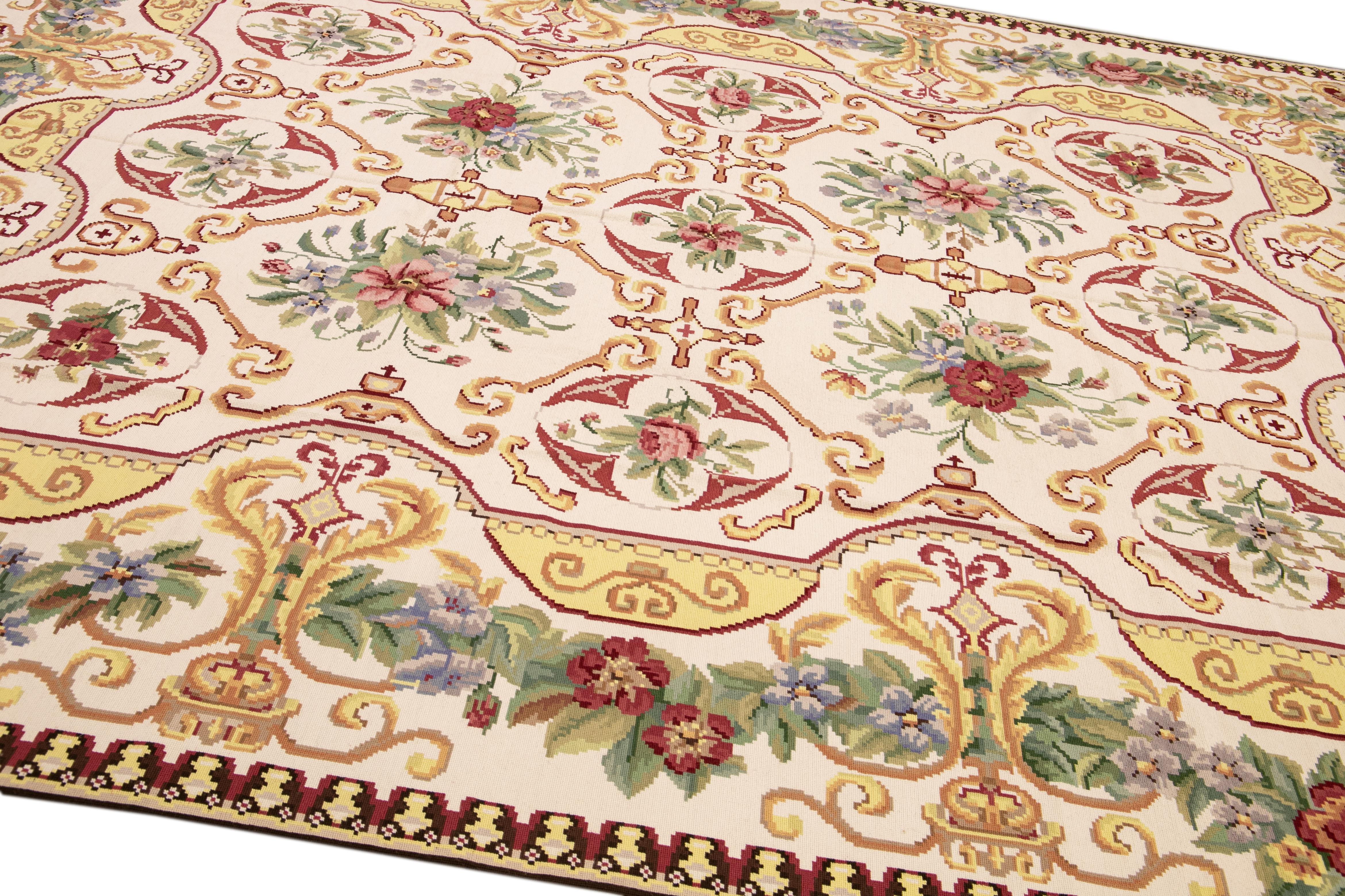 Contemporary Vintage Aubusson Style Needlepoint Floral Pattern Ivory Wool Rug