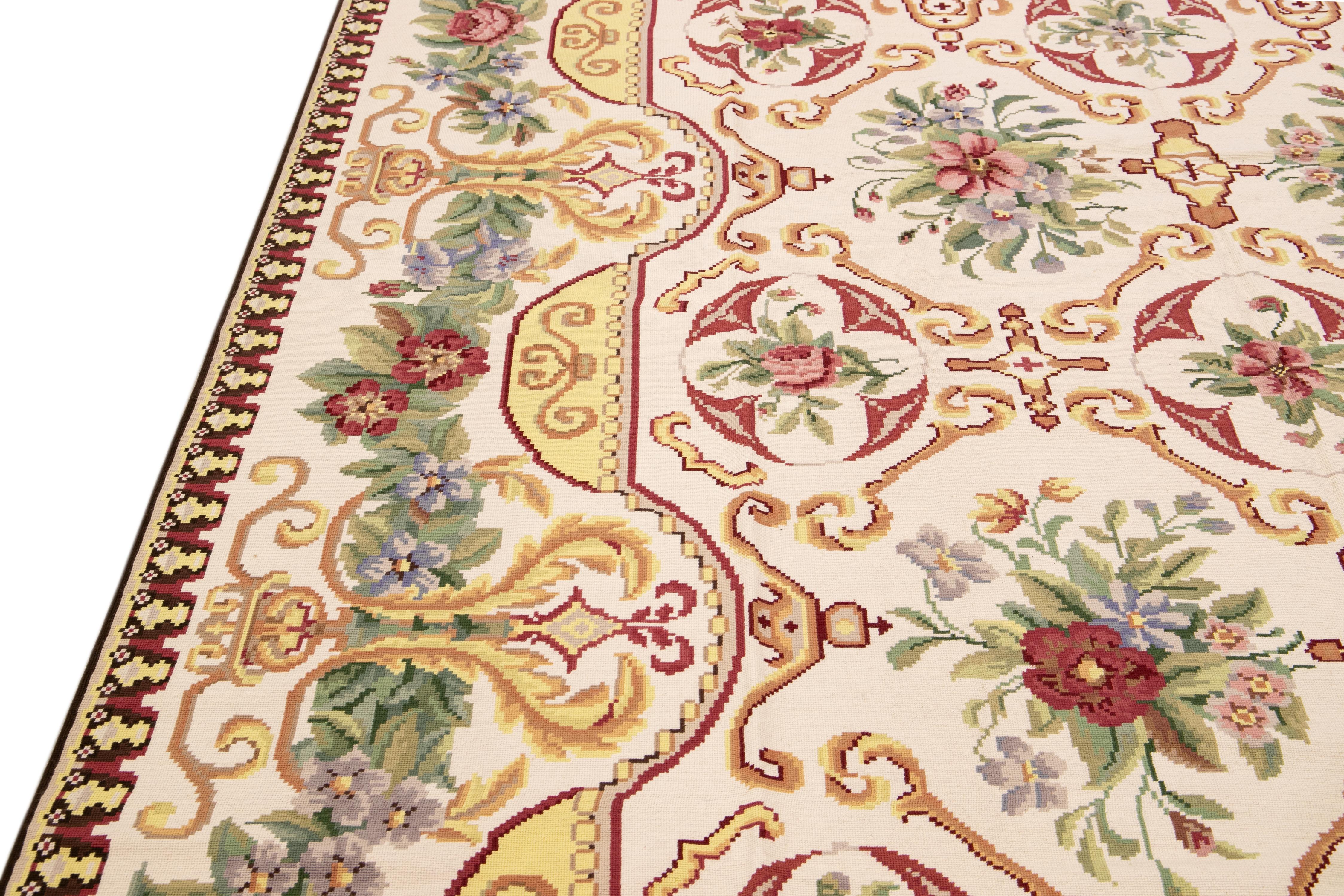 Vintage Aubusson Style Needlepoint Floral Pattern Ivory Wool Rug 1