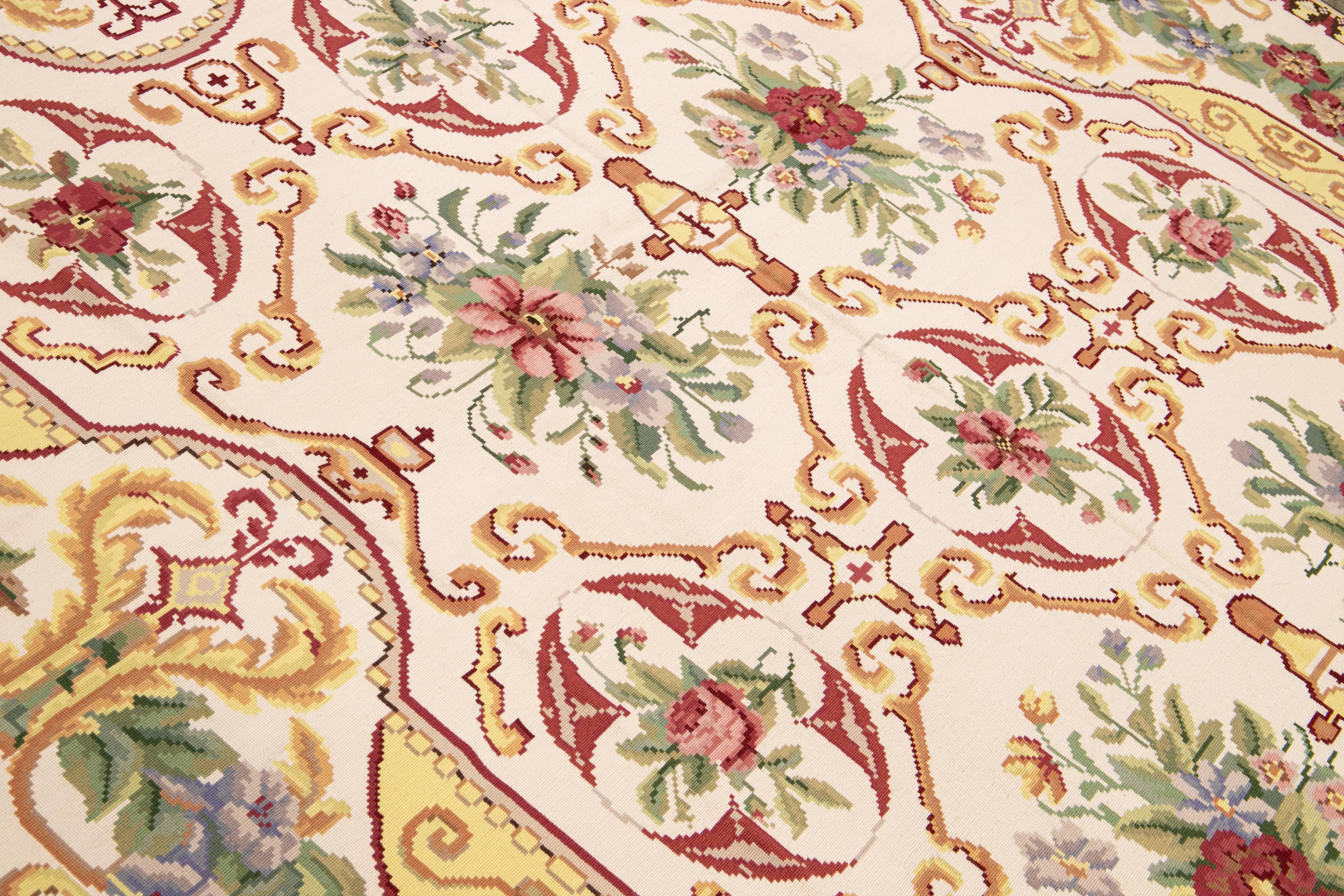 Vintage Aubusson Style Needlepoint Floral Pattern Ivory Wool Rug 2