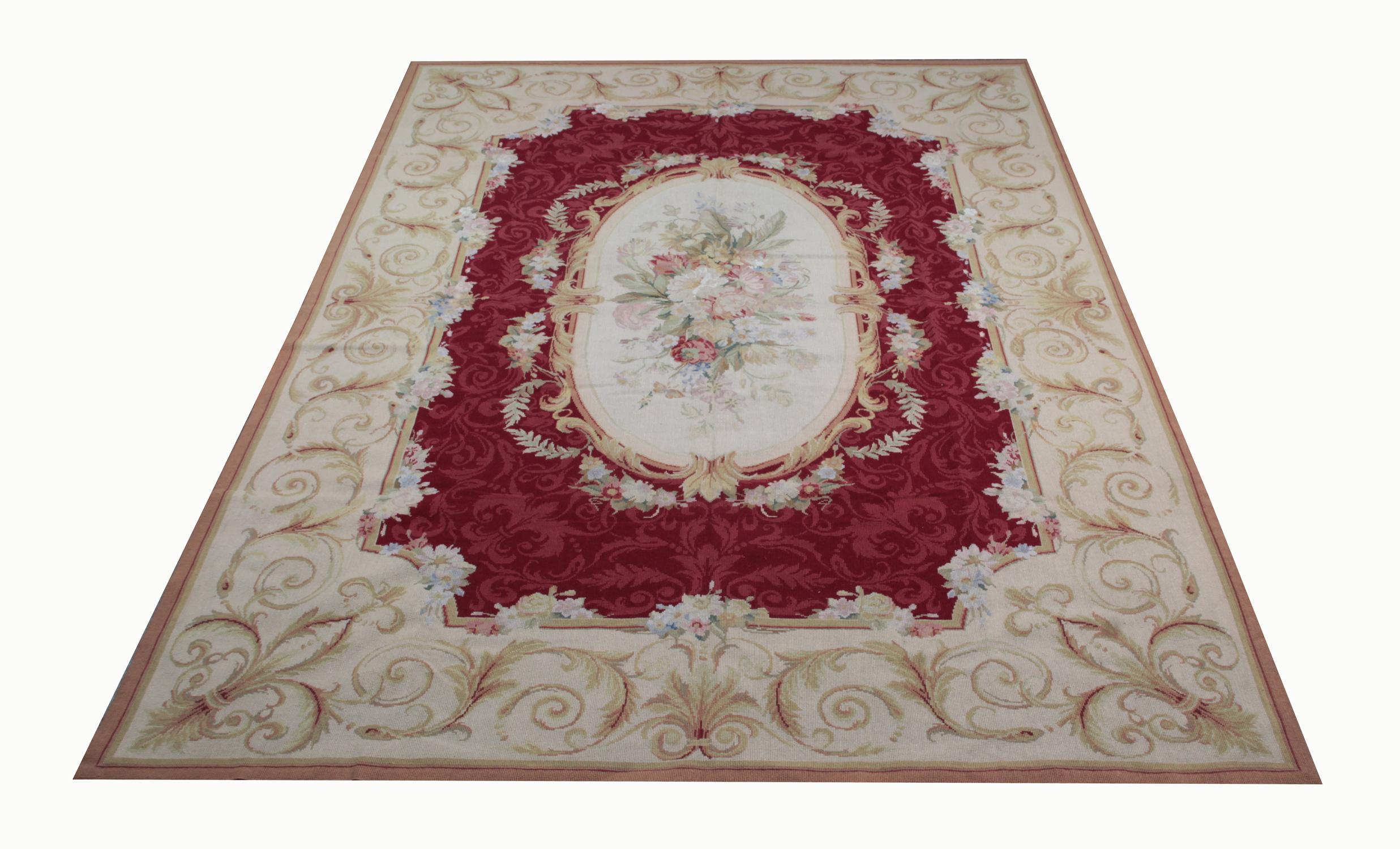 Chinese Vintage Aubusson Style Needlepoint Rug, Handmade Carpet Tapestry Wall Hanging