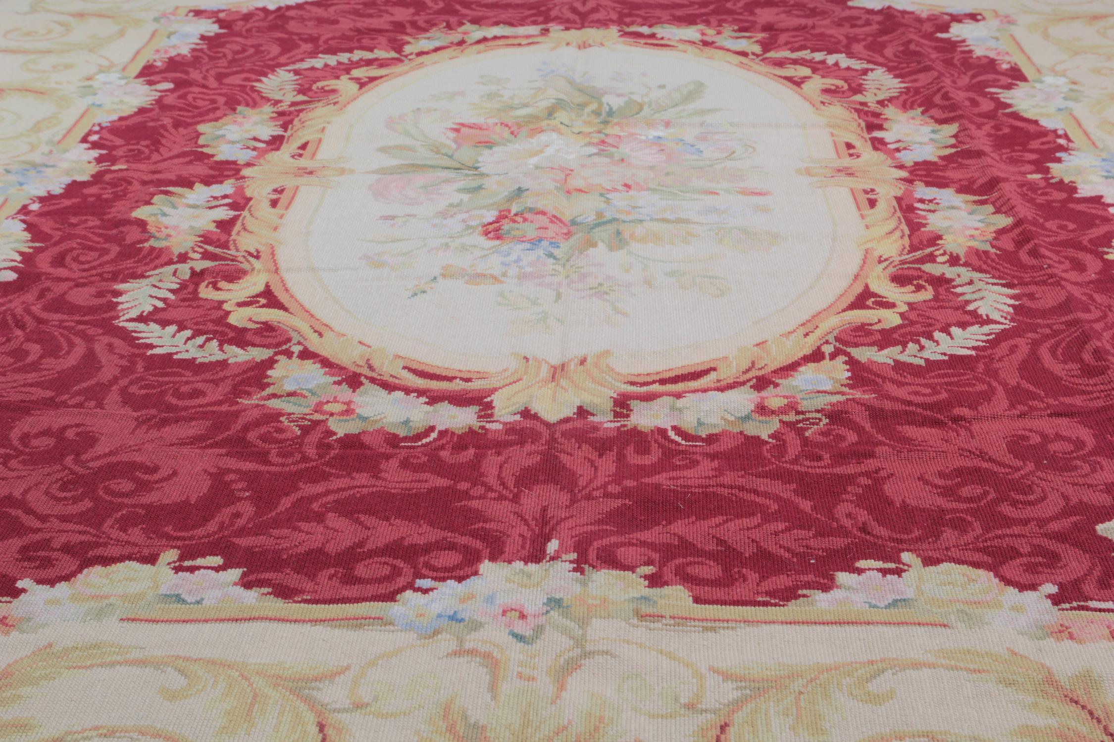 Hand-Woven Vintage Aubusson Style Needlepoint Rug, Handmade Carpet Tapestry Wall Hanging