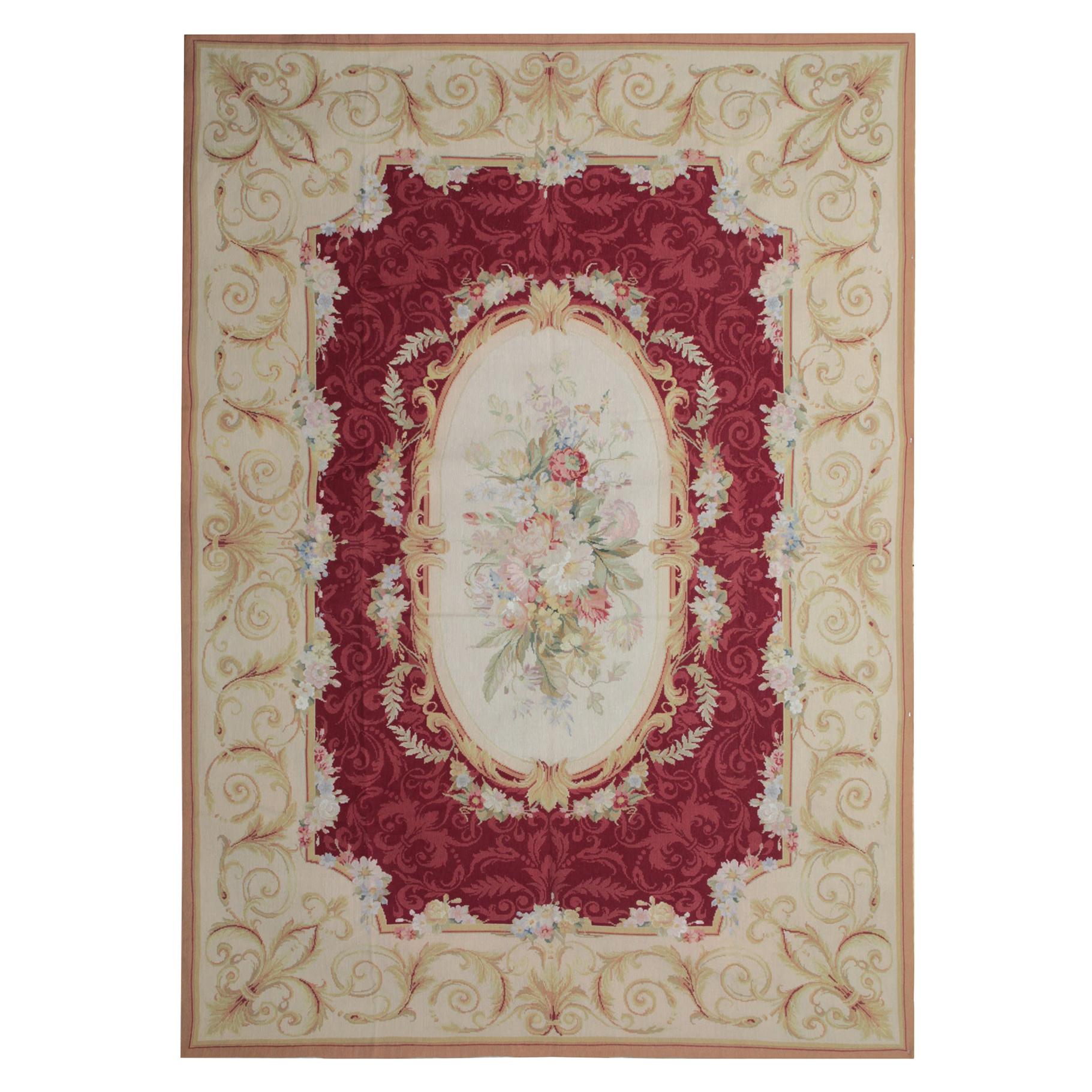Vintage Aubusson Style Needlepoint Rug, Handmade Carpet Tapestry Wall Hanging