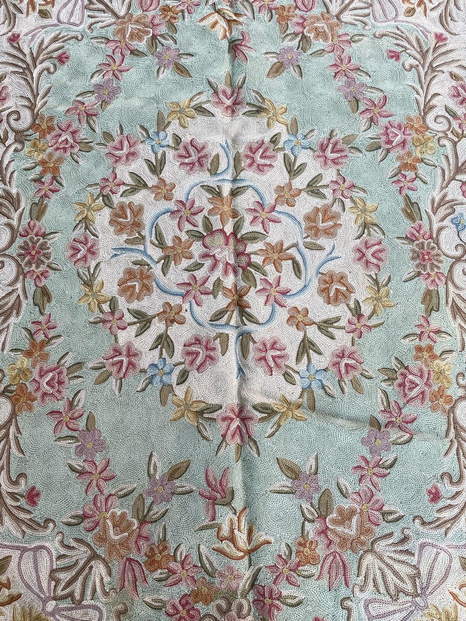 Little vintage Aubusson style embroidered rug with floral design and nice colors, wool.