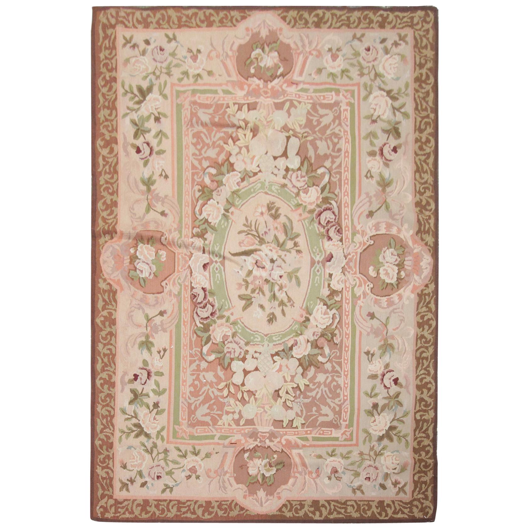 Vintage Aubusson Style Rug French Needlepoint Rug, Handwoven Tapestry Carpet For Sale
