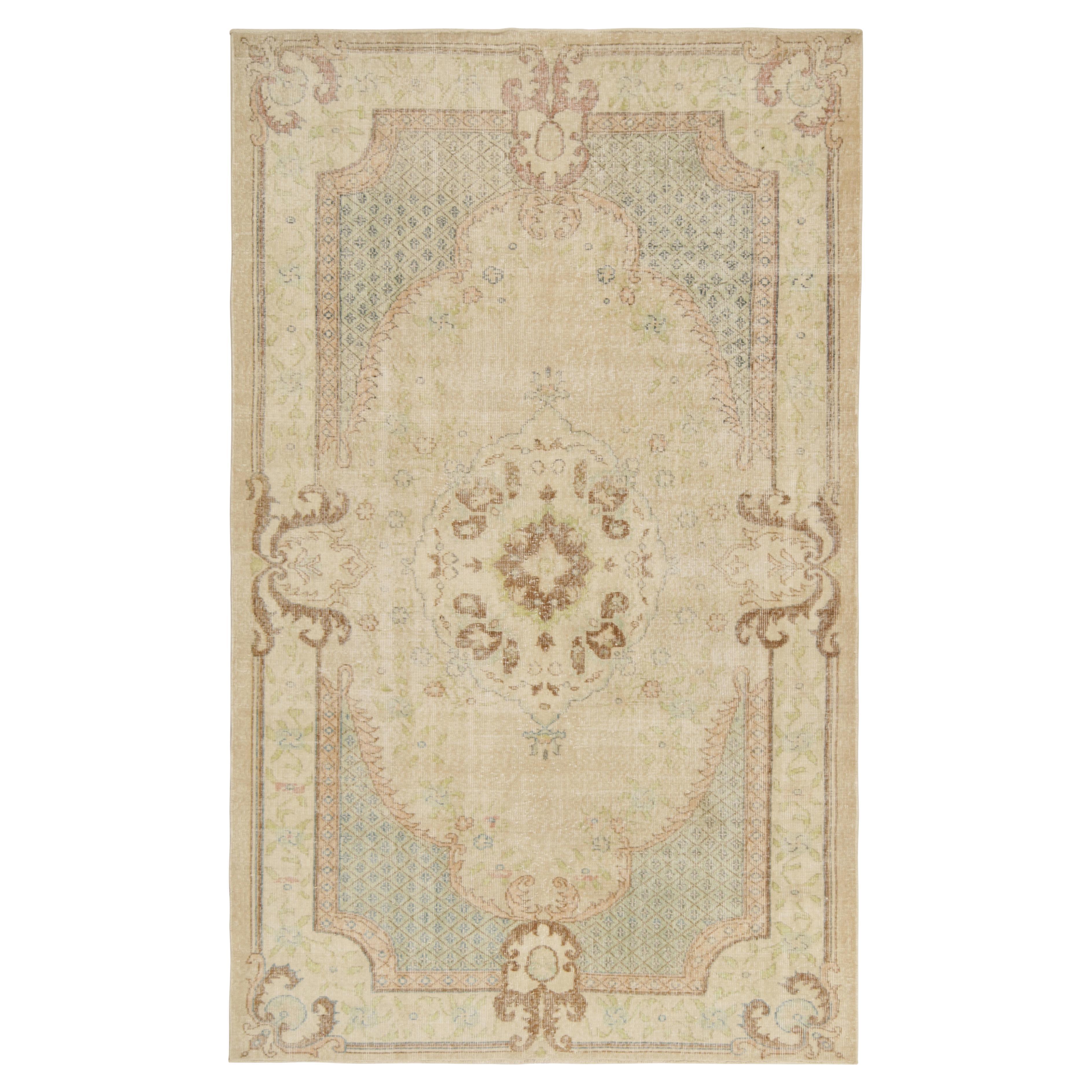 Vintage Aubusson Style Rug in Ivory, Green & Brown Medallion Style, Rug & Kilim For Sale