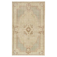 Vintage Aubusson Style Rug in Ivory, Green & Brown Medallion Style, Rug & Kilim